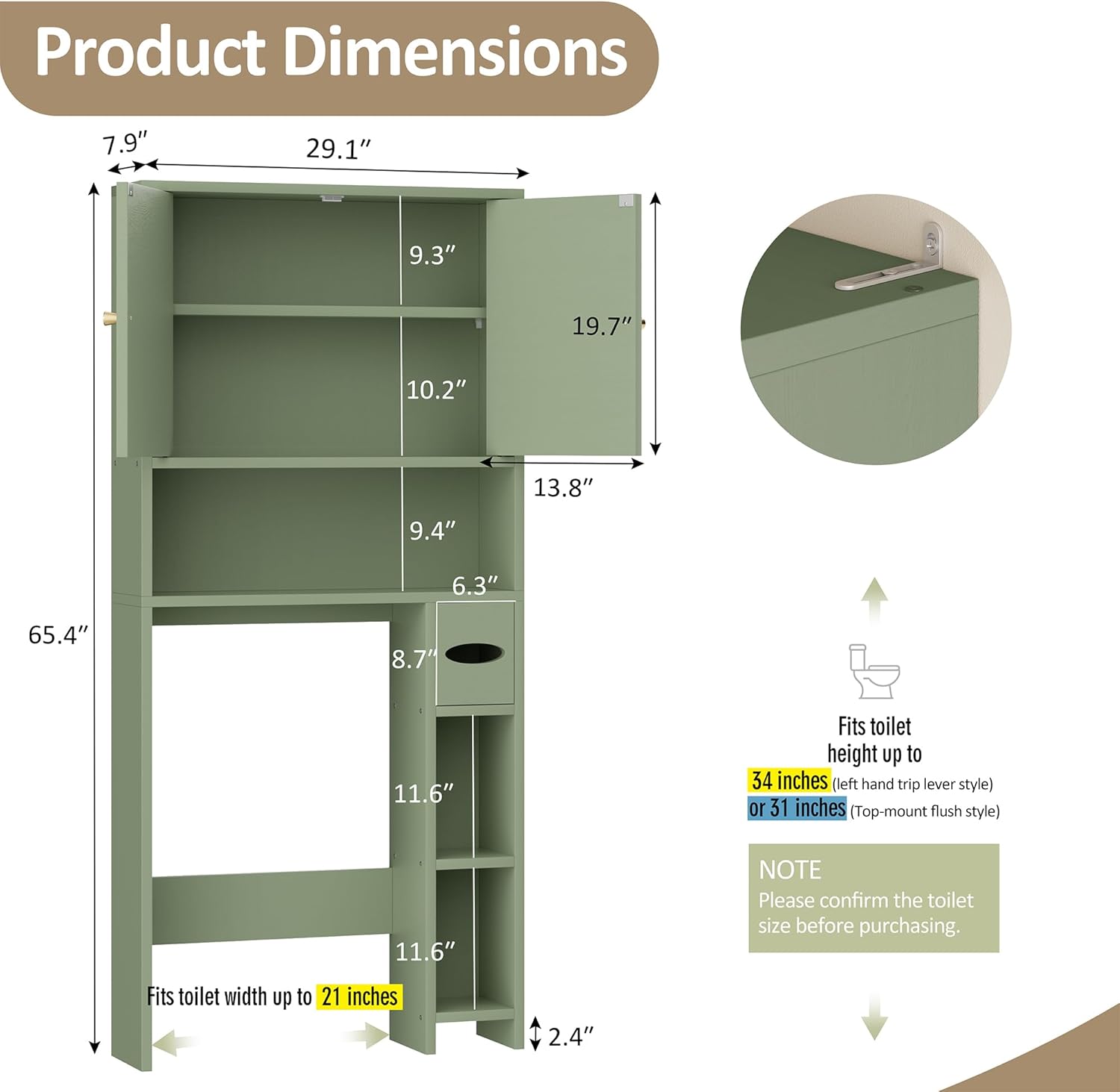 Meilocar 65.4 Over the Toilet Storage Cabinet, 29.1 Wide Bathroom Organizer with Toilet Paper Holder & Adjustable Shelf, Freestanding Space Saving Cabinet for Apartment, Laundry, Green