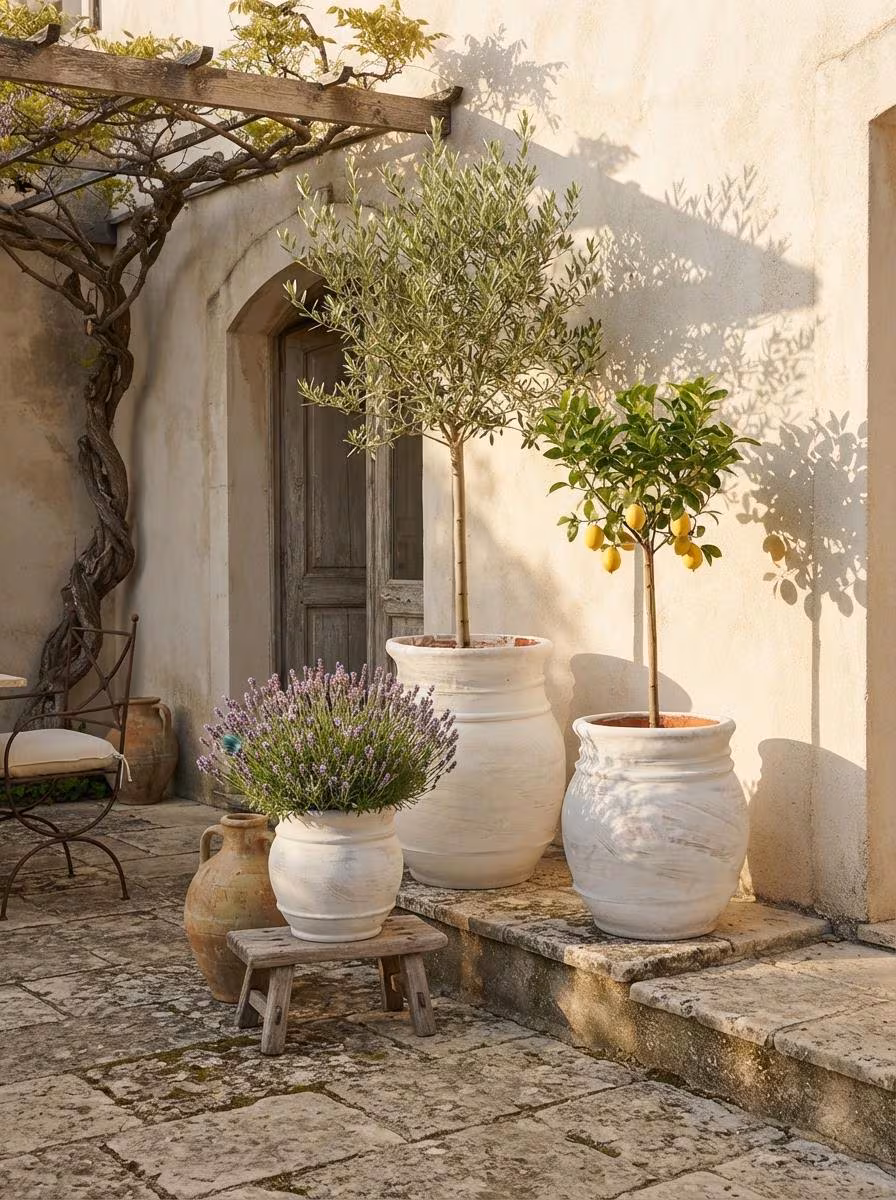 Handmade Aged White Terracotta Planter, Rustic Mediterranean Clay Pot (Large)