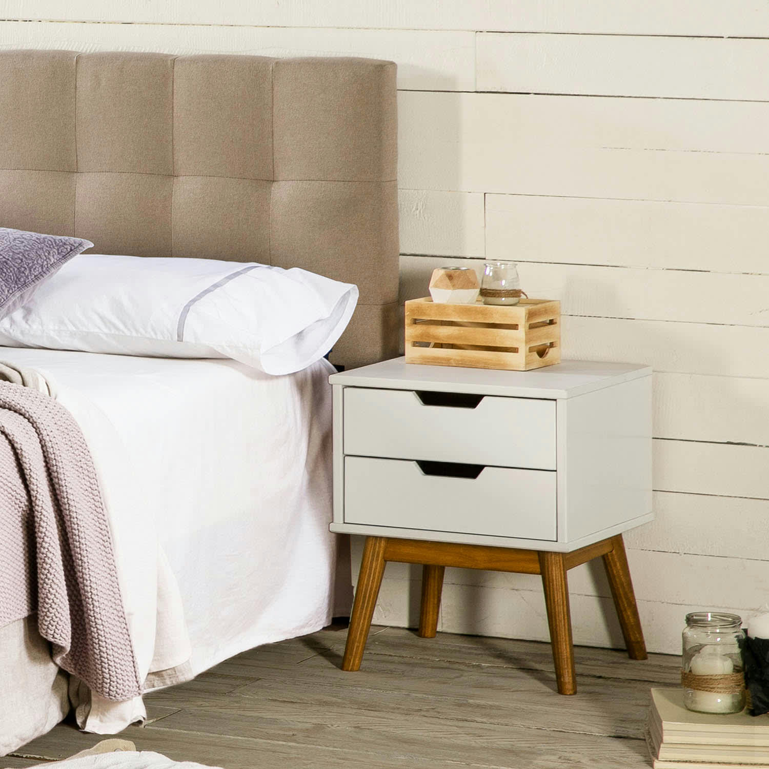 BAKU - Table de chevet 2 tiroirs blanc, bois de pin massif