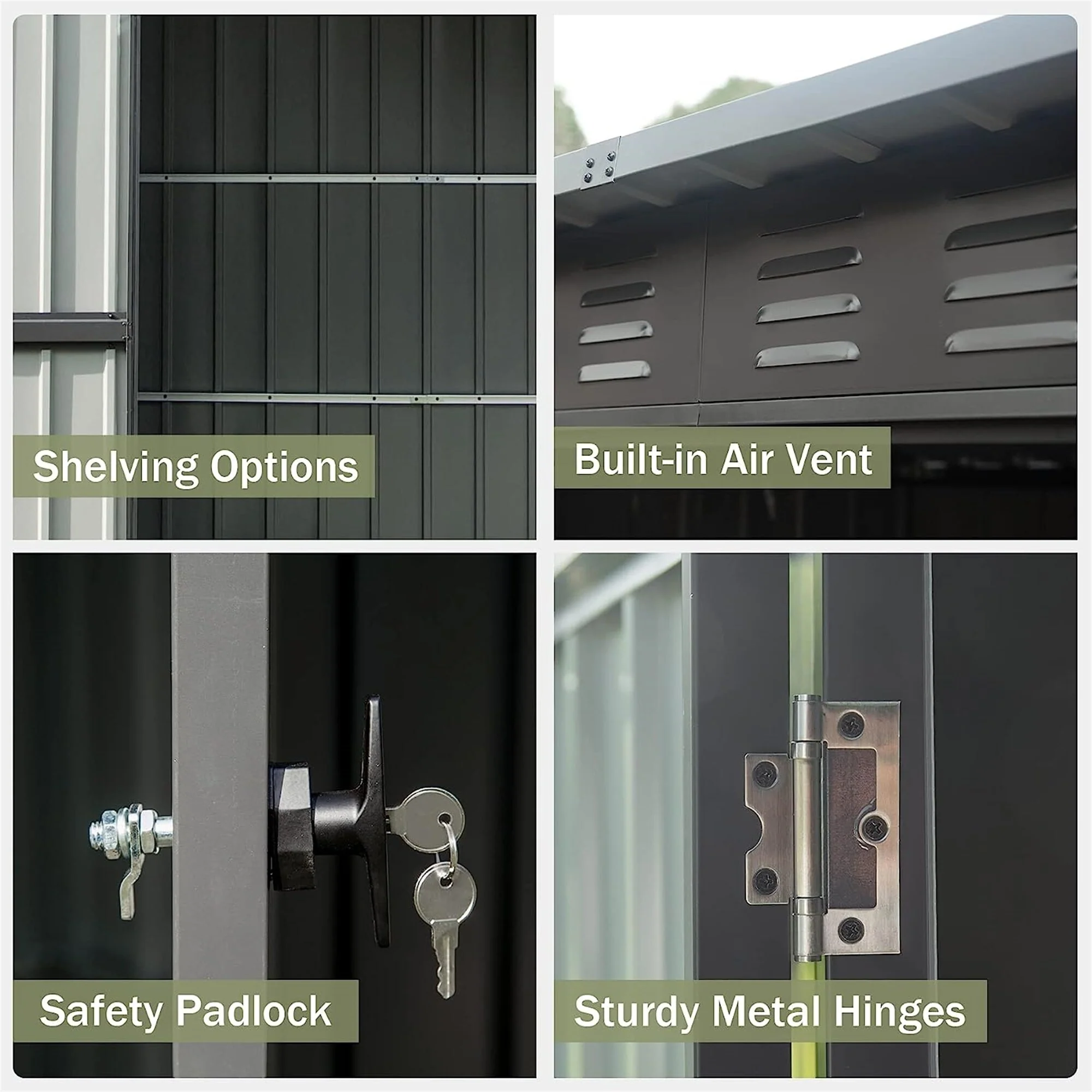 Waterproof Rustproof Garden Shed Tool Shed Storage Shed with Double Hinged Lockable Doors, Punched Vents