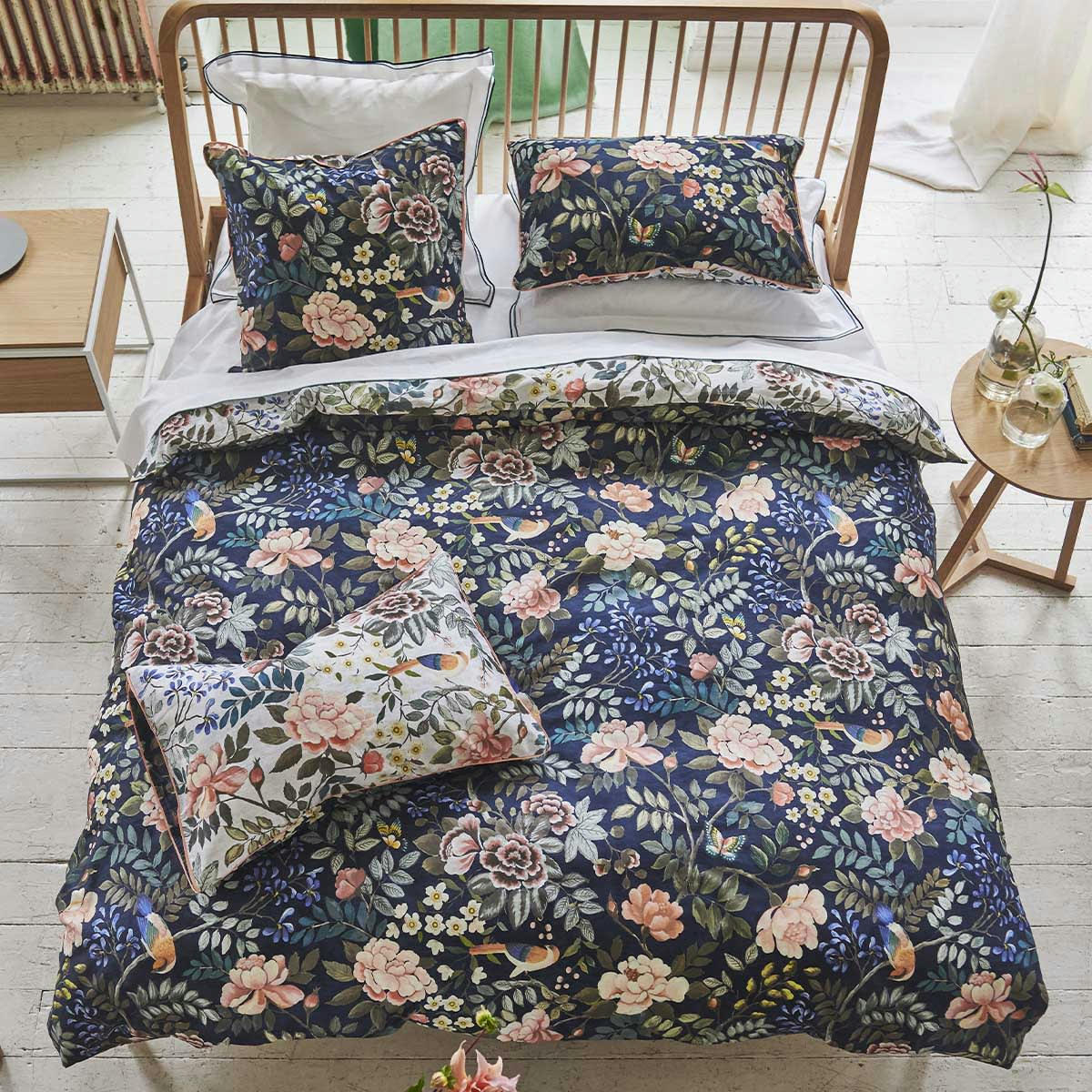 PORCELAIN DE CHINE - Taie d'oreiller imprimée en satin de coton bleu 65x65