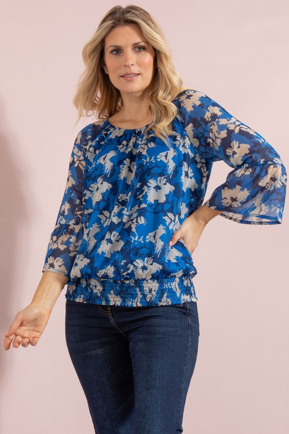 Klass. Printed Chiffon Smocked Hem Top