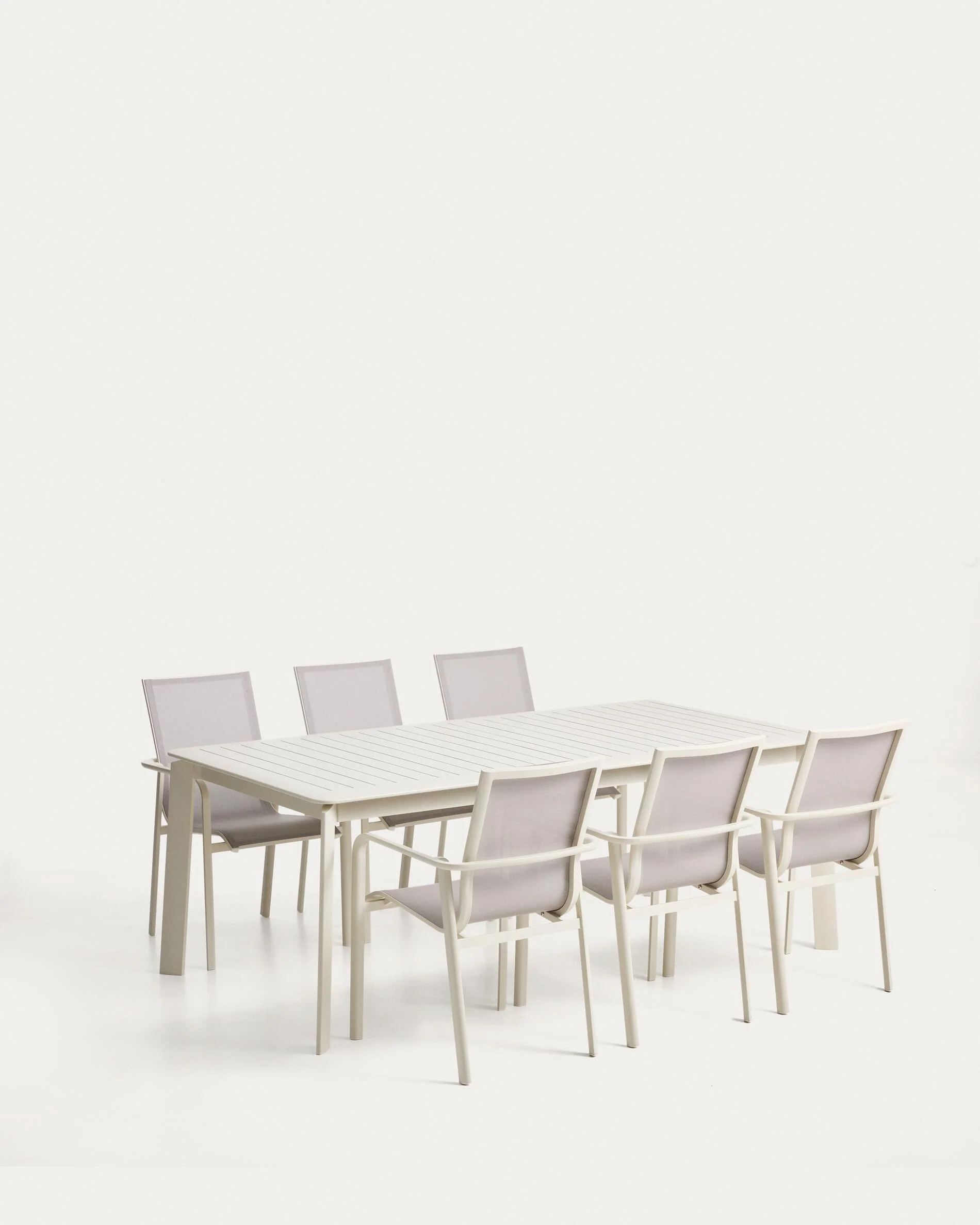 Set with Brela extendable table in ecru aluminium and 6 stackable Canea chairs in ecru aluminium and beige texteline 205(287)x100 cm