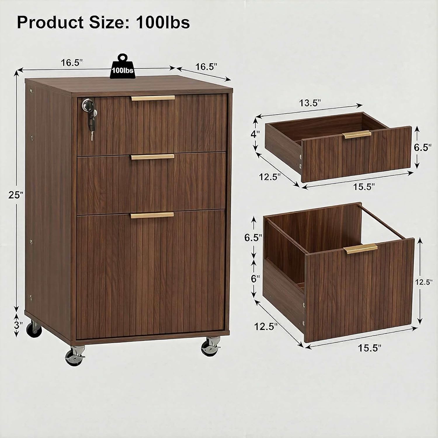 INNOD 3 Drawer Fluted Mobile File Cabinet with Lock, Rolling File Cabinet, Under Desk Wooden Filing Cabinets for Home Office (Walnut)