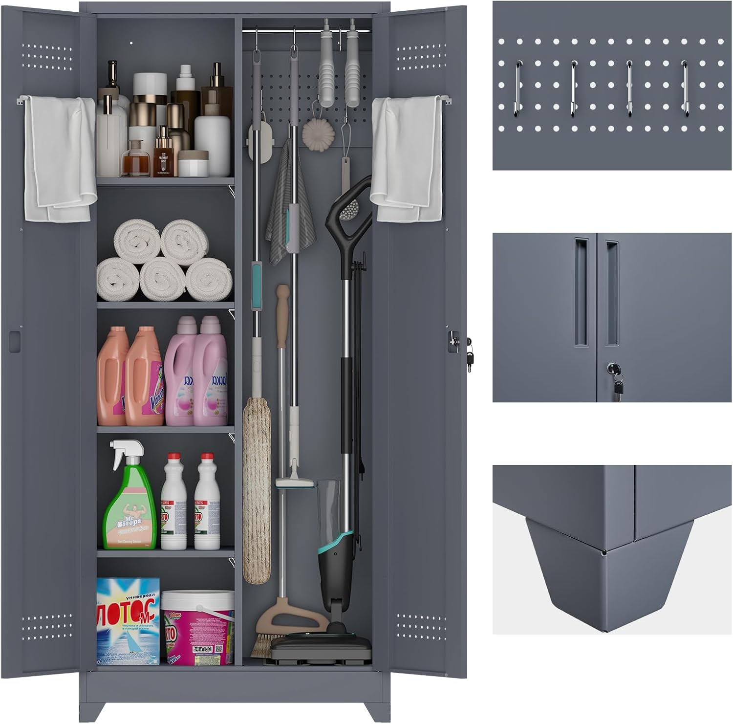 73 H Garage Storage Cabinet,Broom Closet Storage Cabinet with Adjust Shelves,Utility Cabinet,Utility Closet for Garage,Office,Gray