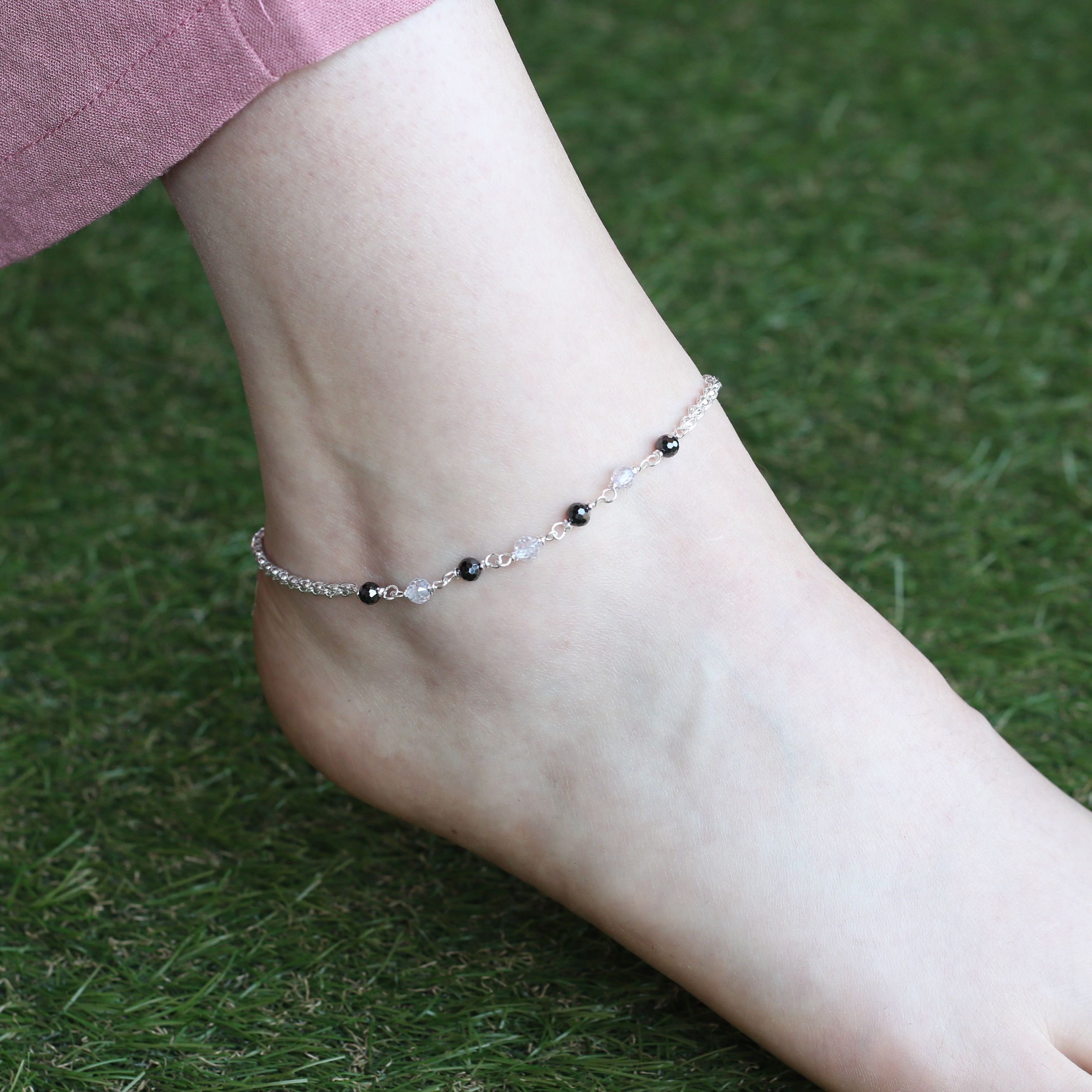 The Colourful Aura Sterling Silver black beaded Summer Indie Boho Indian Payal Anklet