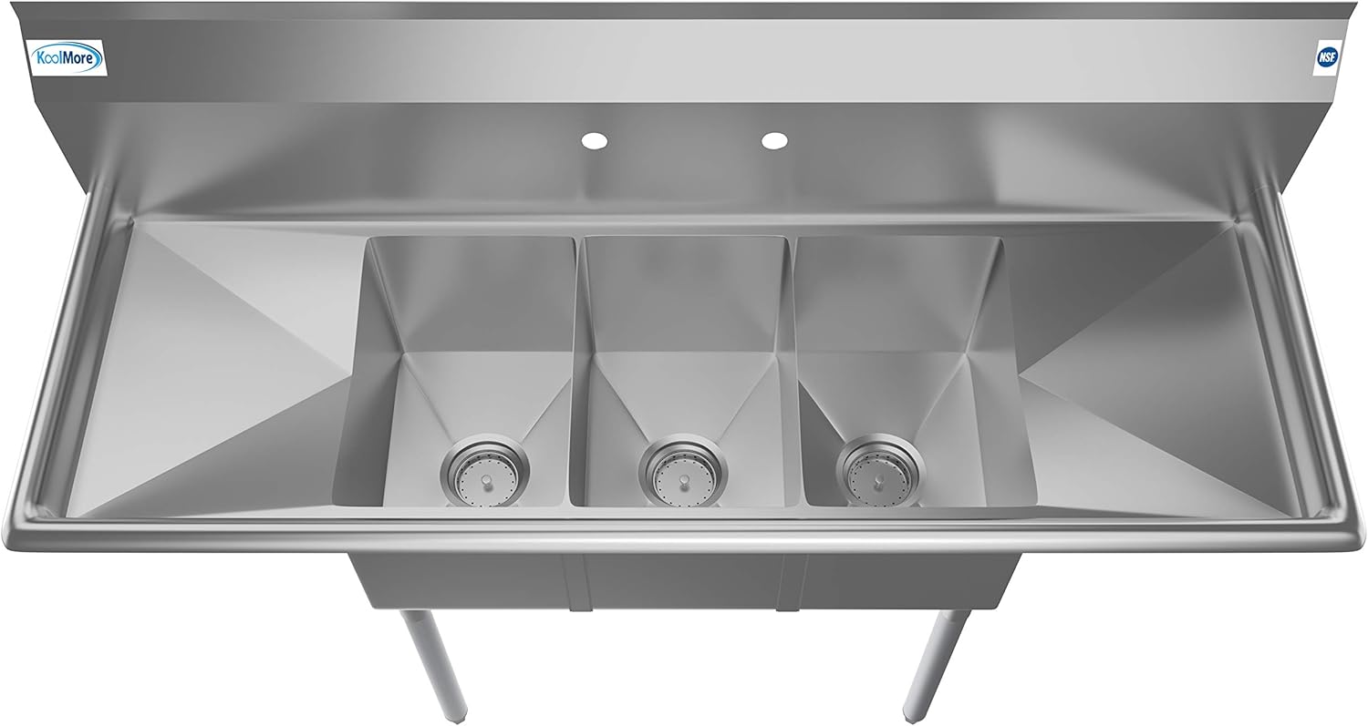 KoolMore - SC101410-12B3 3 Compartment Stainless Steel NSF Commercial Kitchen Sink with Right and Left Drainboards - Bowl Size 10 x 14 x 10, Silver