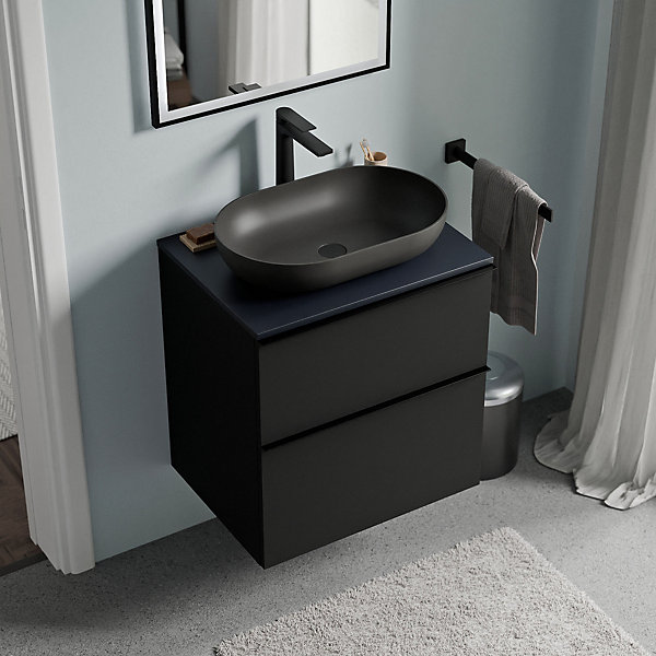 Meuble sous vasque suspendu MDF Noir mat, plan vasque Bleu nuit mat, poignée Noir mat - 60x46x62cm - LAVOA