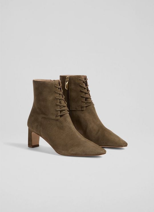 Betty Khaki Green Lace Up Suede Block Heel Boot