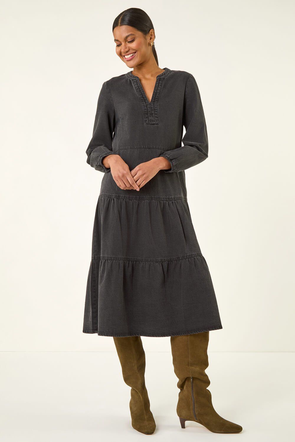 Roman Cotton Denim Tiered Midi Dress