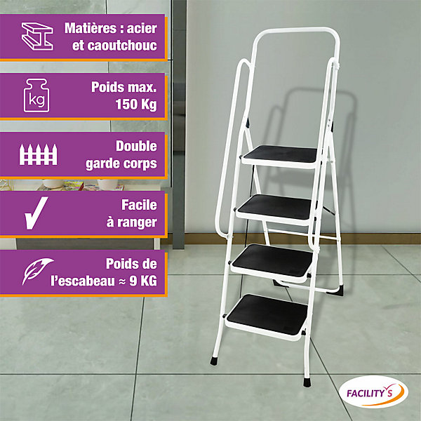 Escabeau pliable 4 marches antidérapantes avec double garde-corps - Hauteur max de travail 0,98 m - Charge 150 kg - FACILITYS