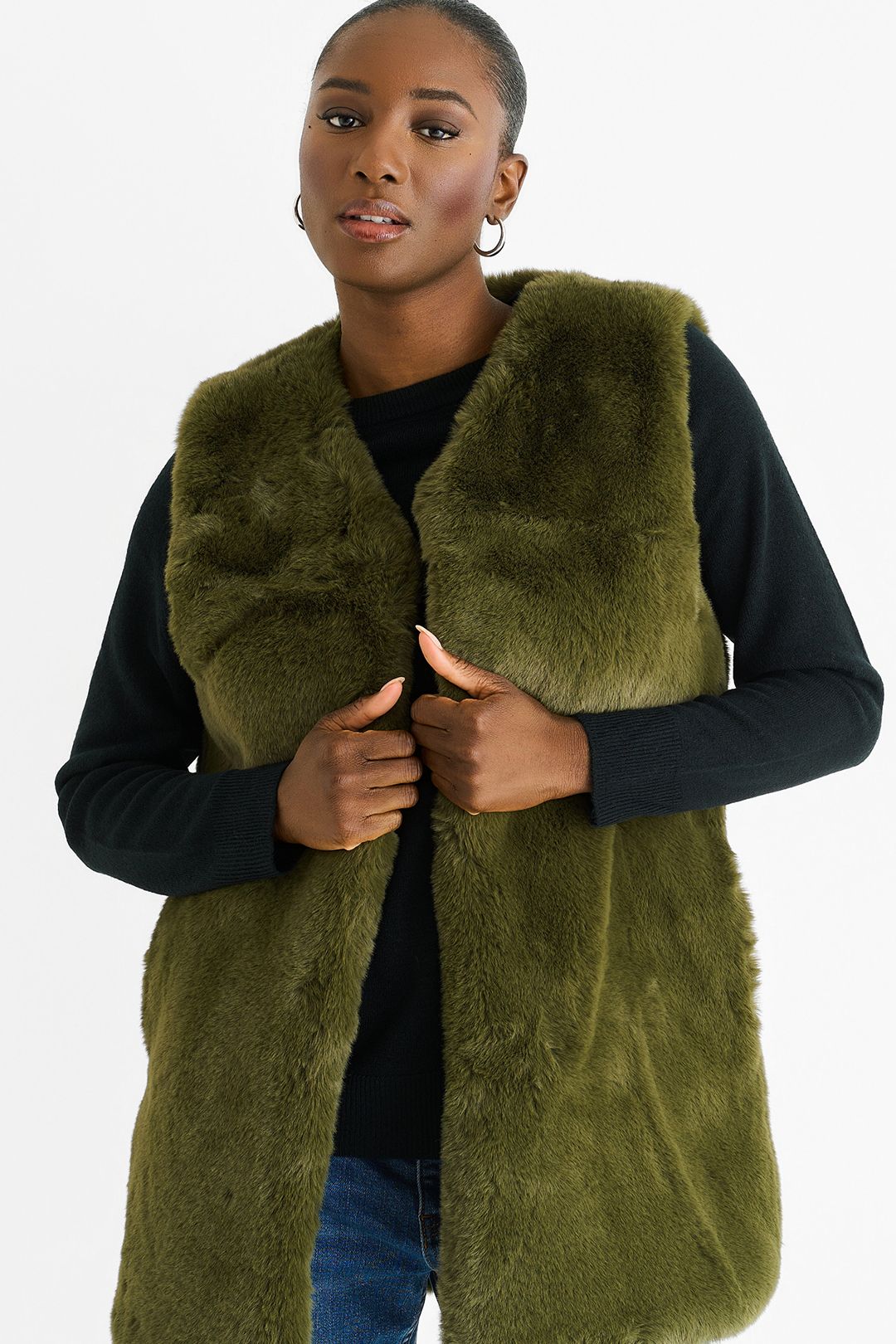 Gini London Khaki No Cut Faux Gilet Fur Sleeveless Jacket