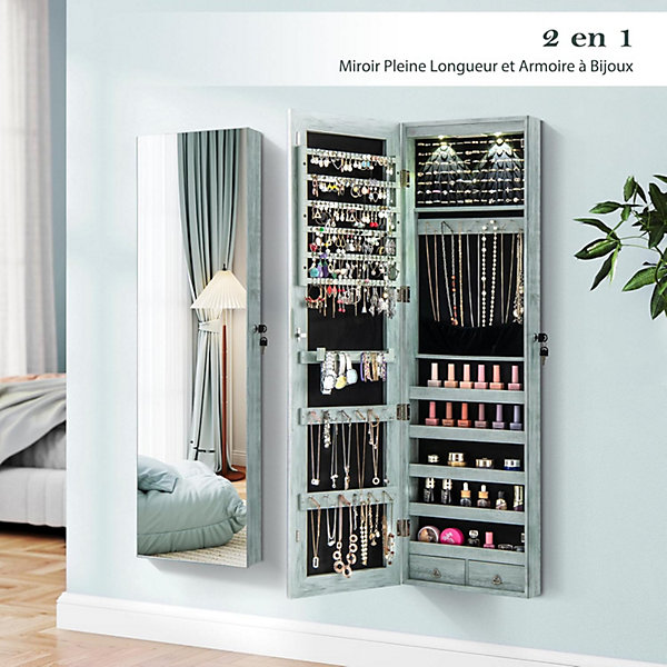 Armoire à Bijoux avec Miroir, Armoire a Bijoux Murale avec éclairage LED, 2 Tiroirs, Fixer au Mur ou à Suspendre sur Porte (Bleu)