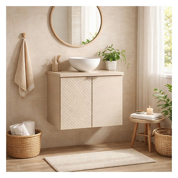 Ensemble de salle de bain AOKI : meuble sous vasque à placards 60cm et plan vasque beige et vasque blanche ronde à poser