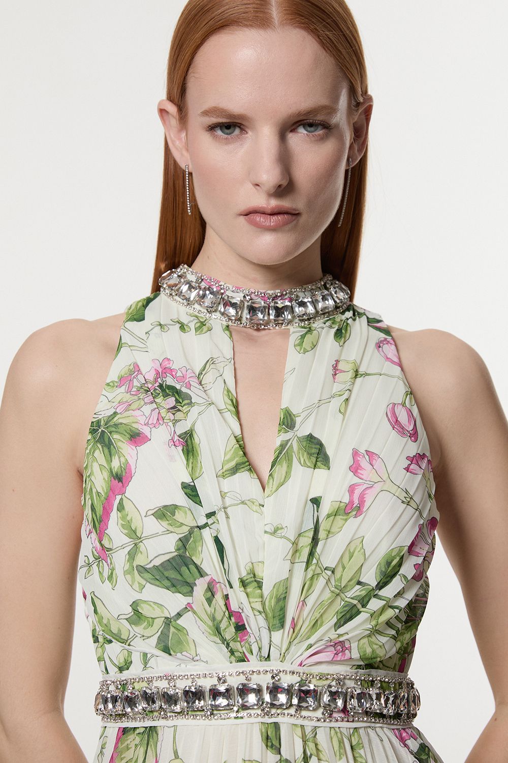 KarenMillen Floral Halter Diamante Enamel Trim Woven Pleated Split Maxi Dress