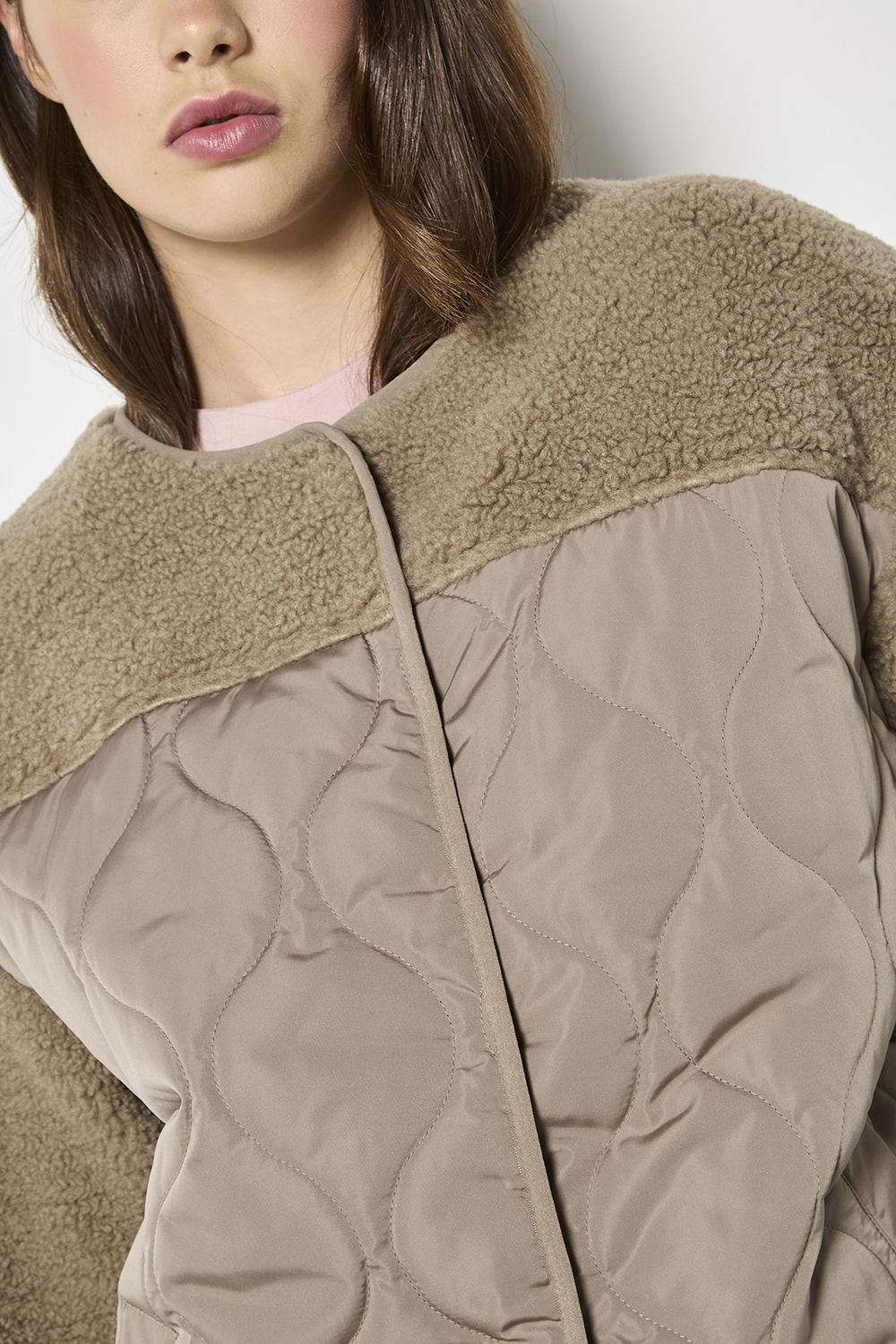 Apricot Contrast Borg Quilted Jacket