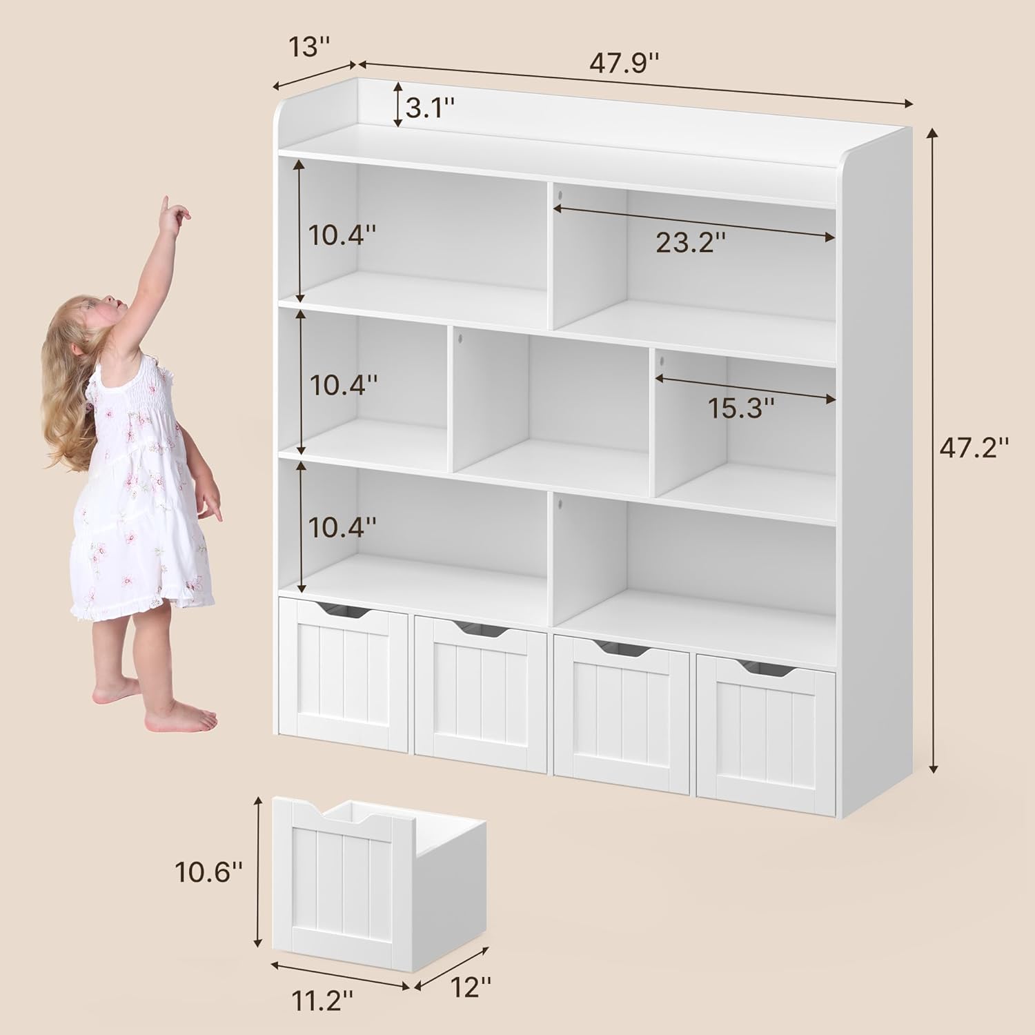 Gizoon Toy Storage Cabinet and Kids Bookcase with 4 Movable Drawers and 8 Open Shelves Toy Chest Shelf Organizer with Hidden Wheels for Playroom Nursery Kids Room, White