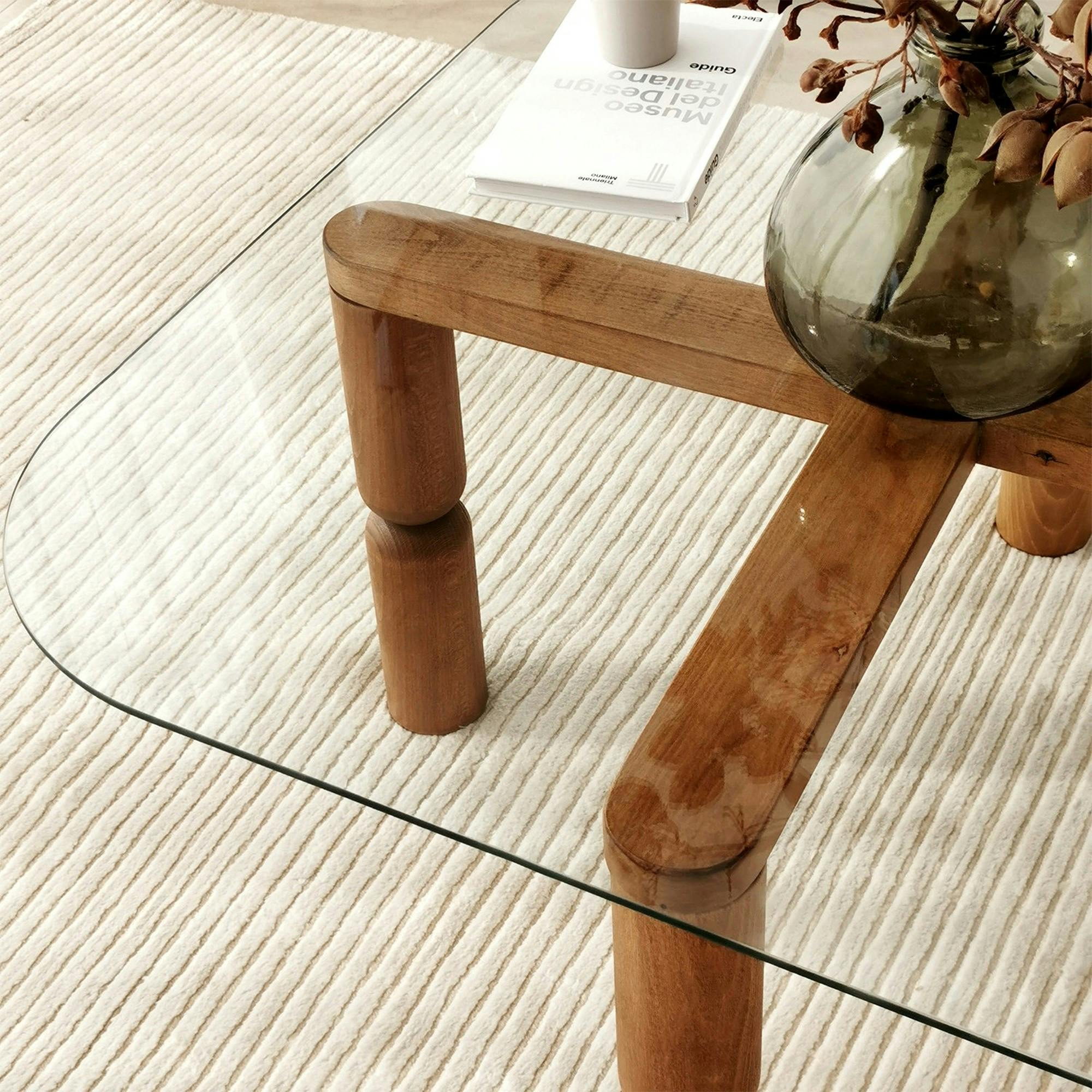 Table basse carrée en verre - pieds bois marron sculpté BOMA