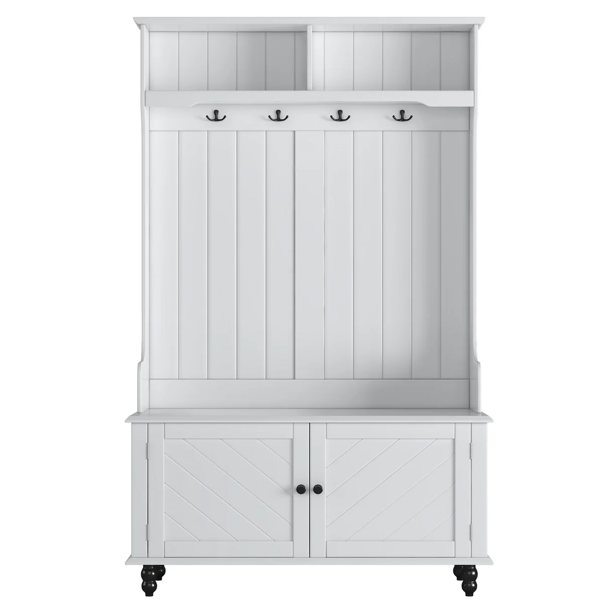 Hall Tree & Storage Bench with 2 Shelves,4 Double Hooks,2 Cabinet