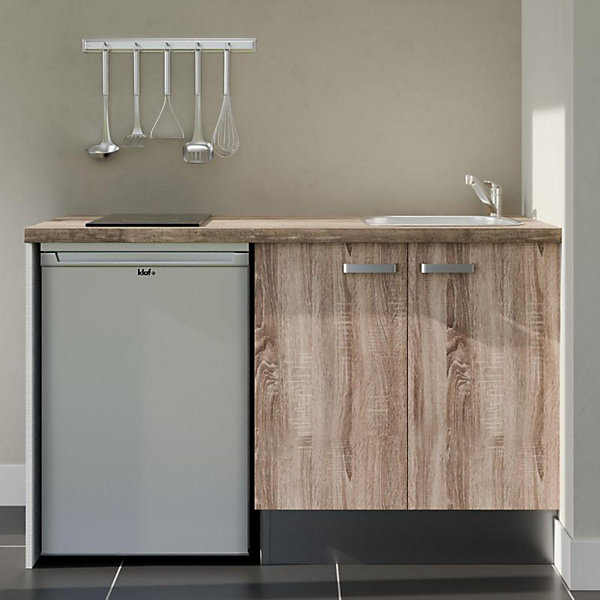 Kitchenette K17 façades Bois - Plan de travail Bois - Crédences : Non - Evier inox - Electroménager Inox inclus