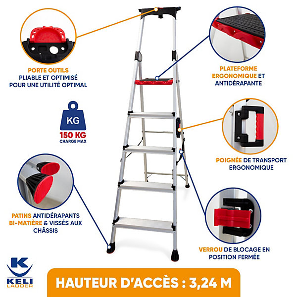 Escabeau Pro 5 Marches - Hauteur Travail 3,24M, Aluminium Robuste, Marchepied Pliable, Poignée de Transport &Porte-outils ABS