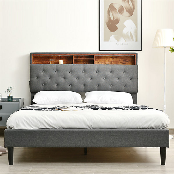 Lit rembourré 140x200cm espace de rangement tête de lit eclairage led lit cadre à lattes en bois lit double lin gris