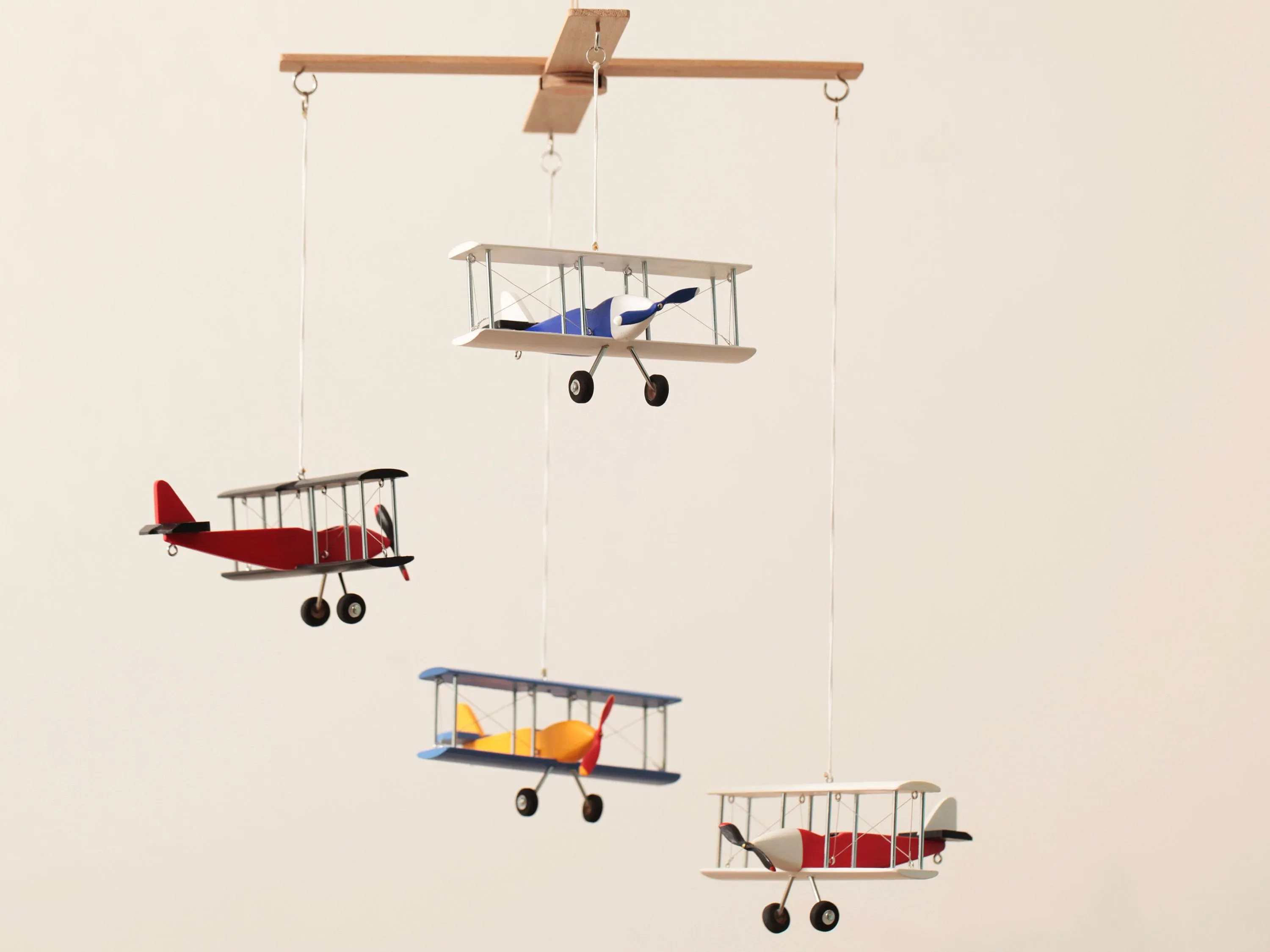 Wooden Airplane Mobile, 4 Plane Decor for Kids Room, Travel Theme Wall Hanging, Aviation Boys Room