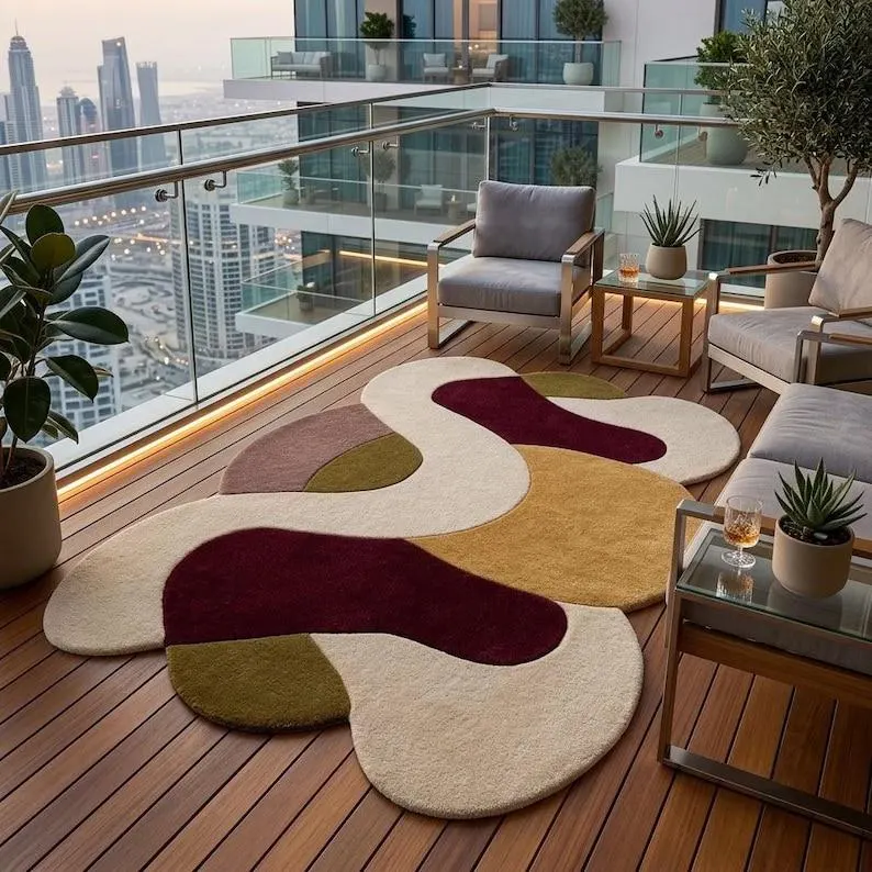 Hand Tufted Abstract Area Rug, Organic Shape Wool Rug, Modern Irregular Rug, Burgundy Mustard Green Cream Rug, Contemporary Statement Carpet