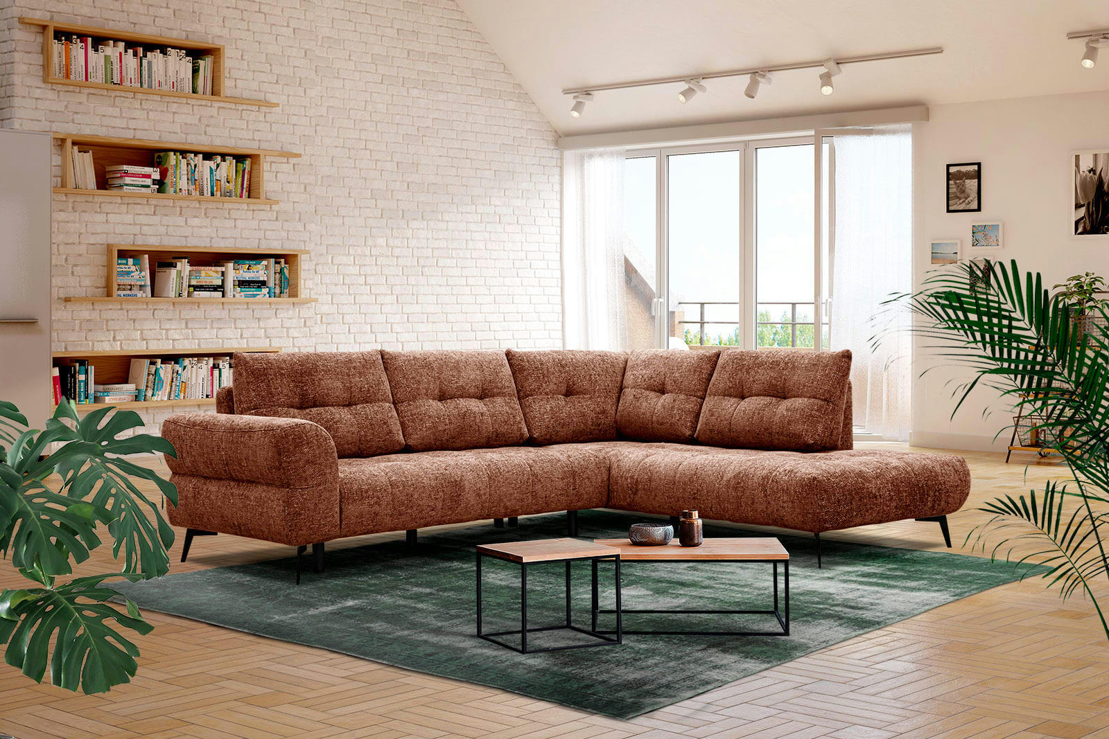 SALVINI - Canapé d'angle droit 5 places tissu  rouge brique