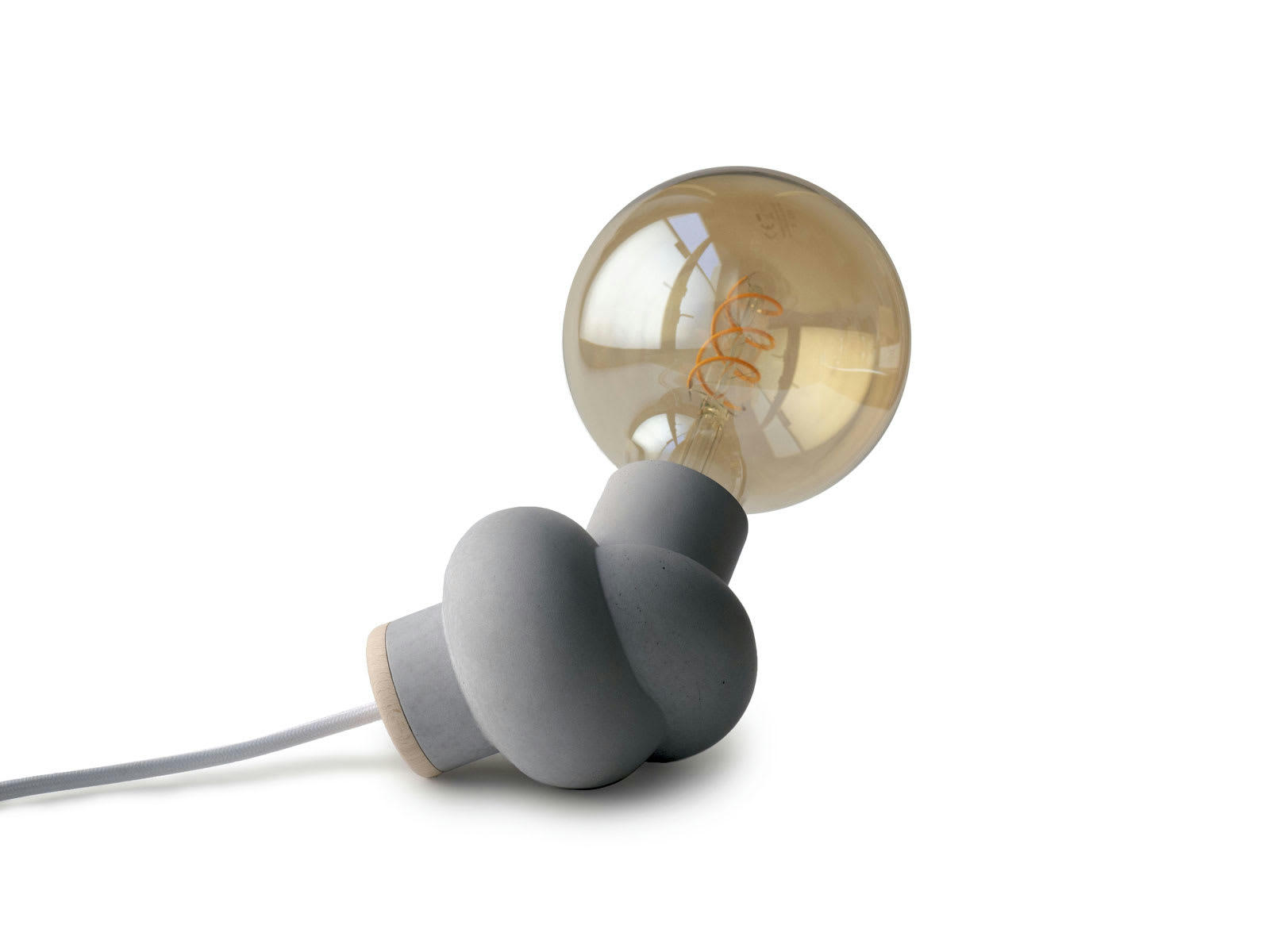 NOEUD - Lampe à poser en béton et bois cordon blanc ampoule LED edison