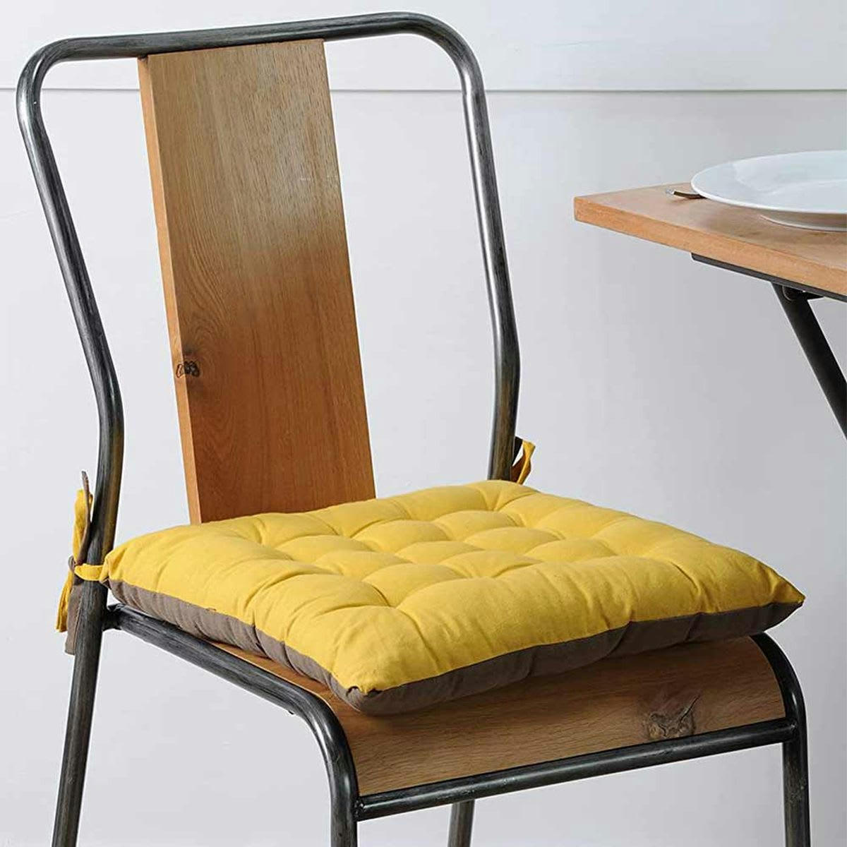 - Galette de chaise bicolore coton moutarde/taupe 40x40