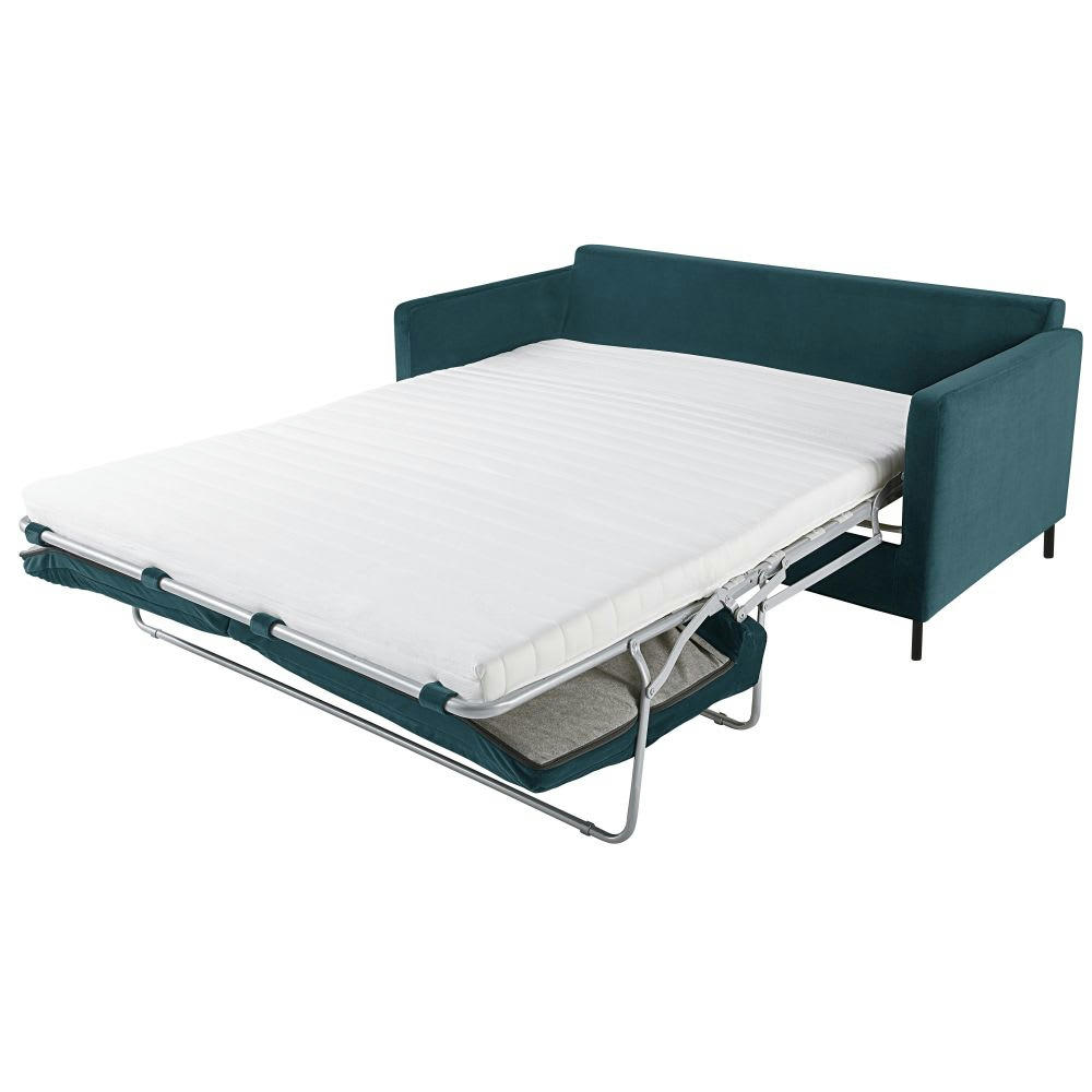 Julian - Canapé convertible 2/3 places en velours bleu paon, matelas 10 cm
