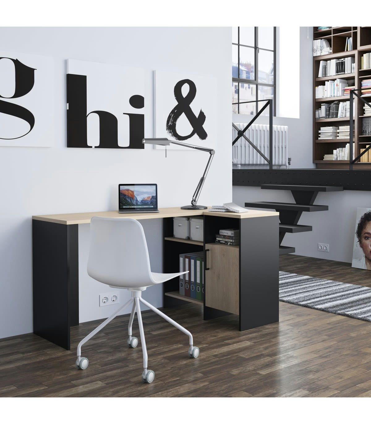 LIVERPOOL - Bureau d'angle industriel avec 3 niches et 1 porte