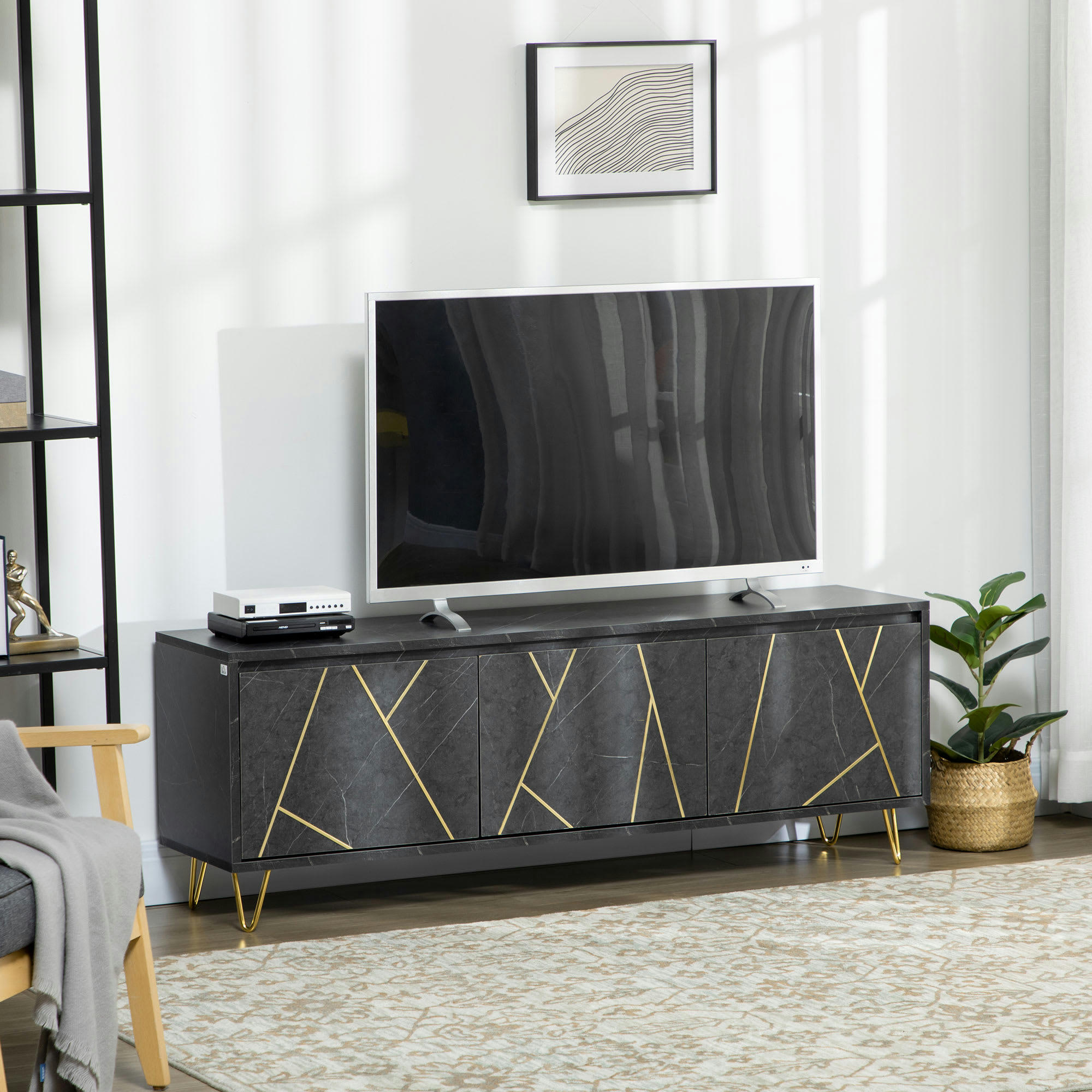 - Meuble TV style art déco métal doré aspect marbre noir rainures dorées