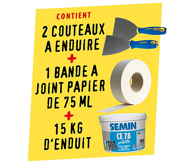Lot de 5 Kits CE 78 en Pâte pourJoints de Plaques de Plâtre Semin, 2 Couteaux, 1 Bande à Joint 75 m et 15 kg d'Enduit