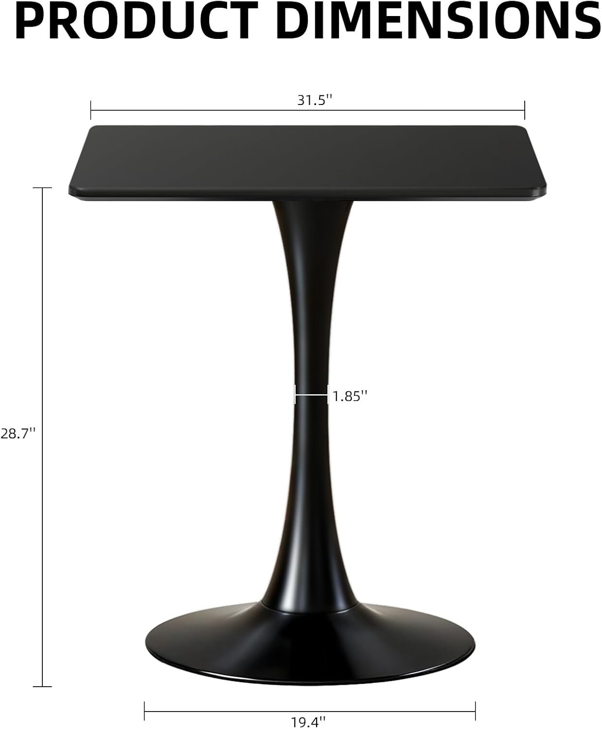 Square Dining Table, 31.5 Tulip Table with Thickened Tabletop & Metal Pedestal, Mid Century Modern Bistro Table for Kitchen, Small Places, Living Room, Cafe (Black)