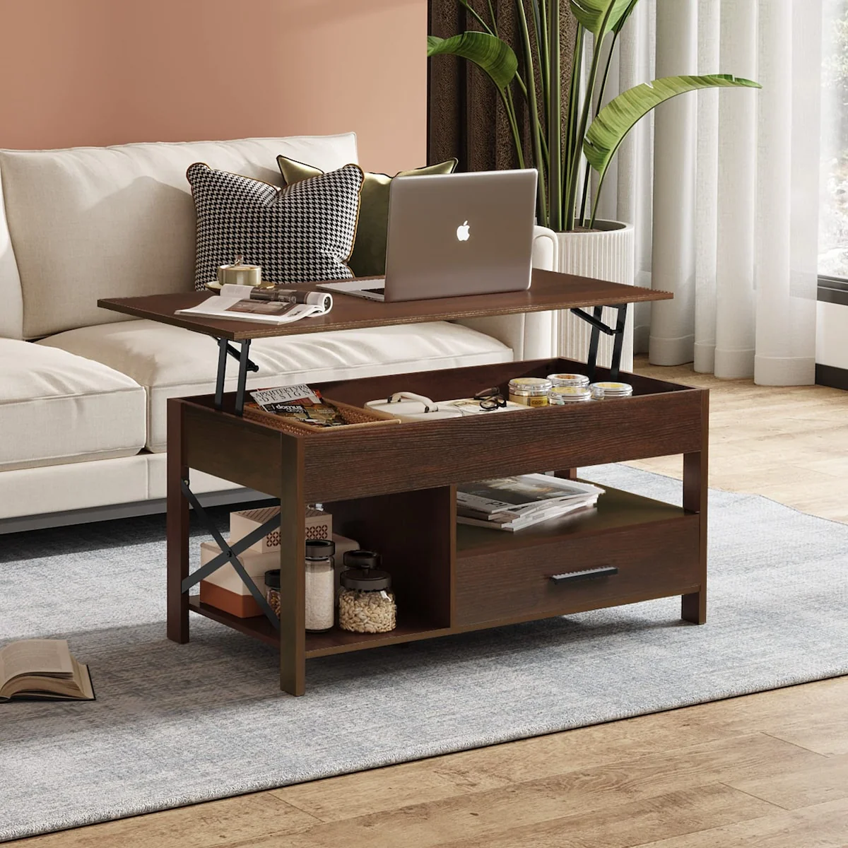 Lift Top Coffee Table for Living Room,Coffee Table with Storage,Hidden Compartment and Metal Frame, Central Table