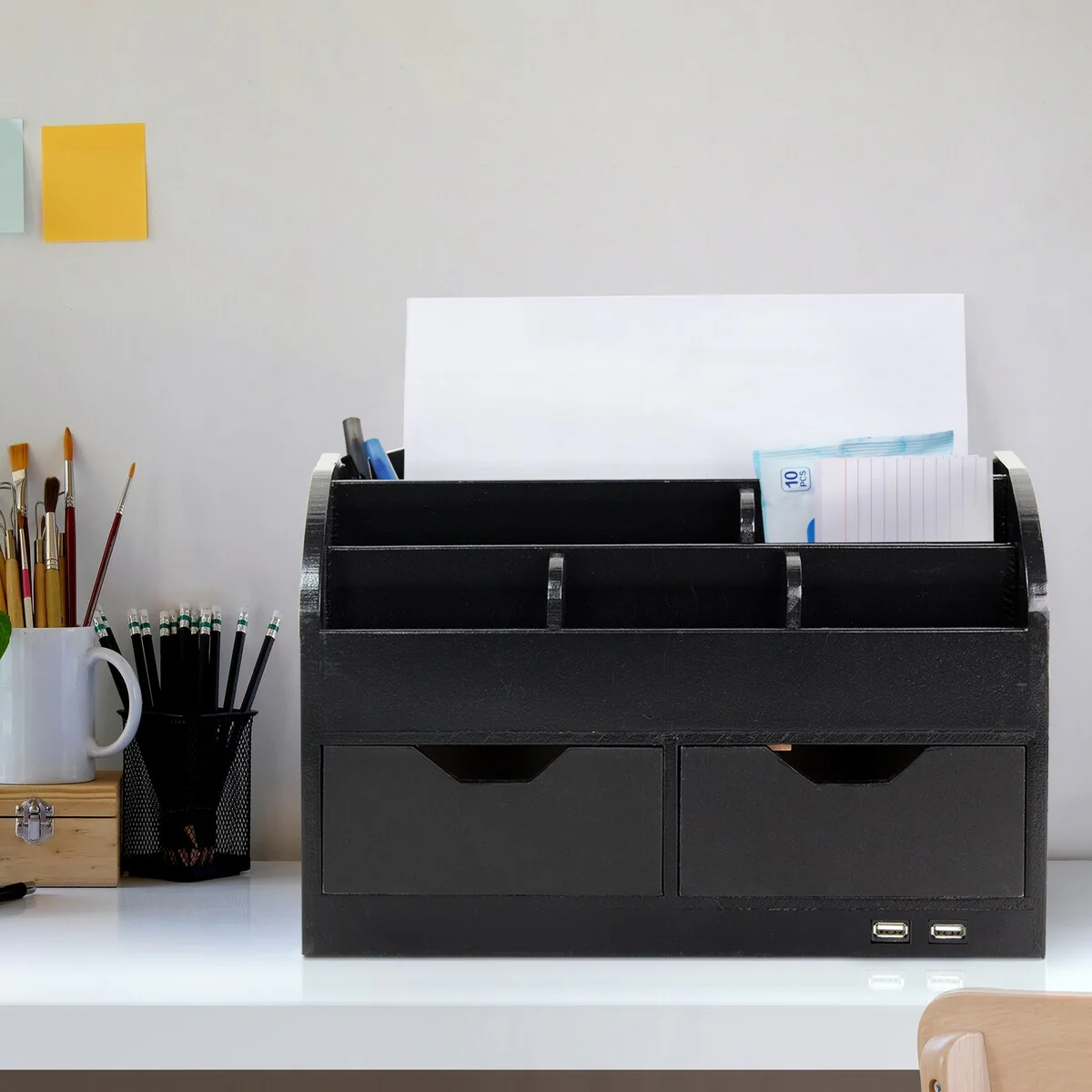 All-in-One USB charging 8 Compartments Desk Organizer - Black