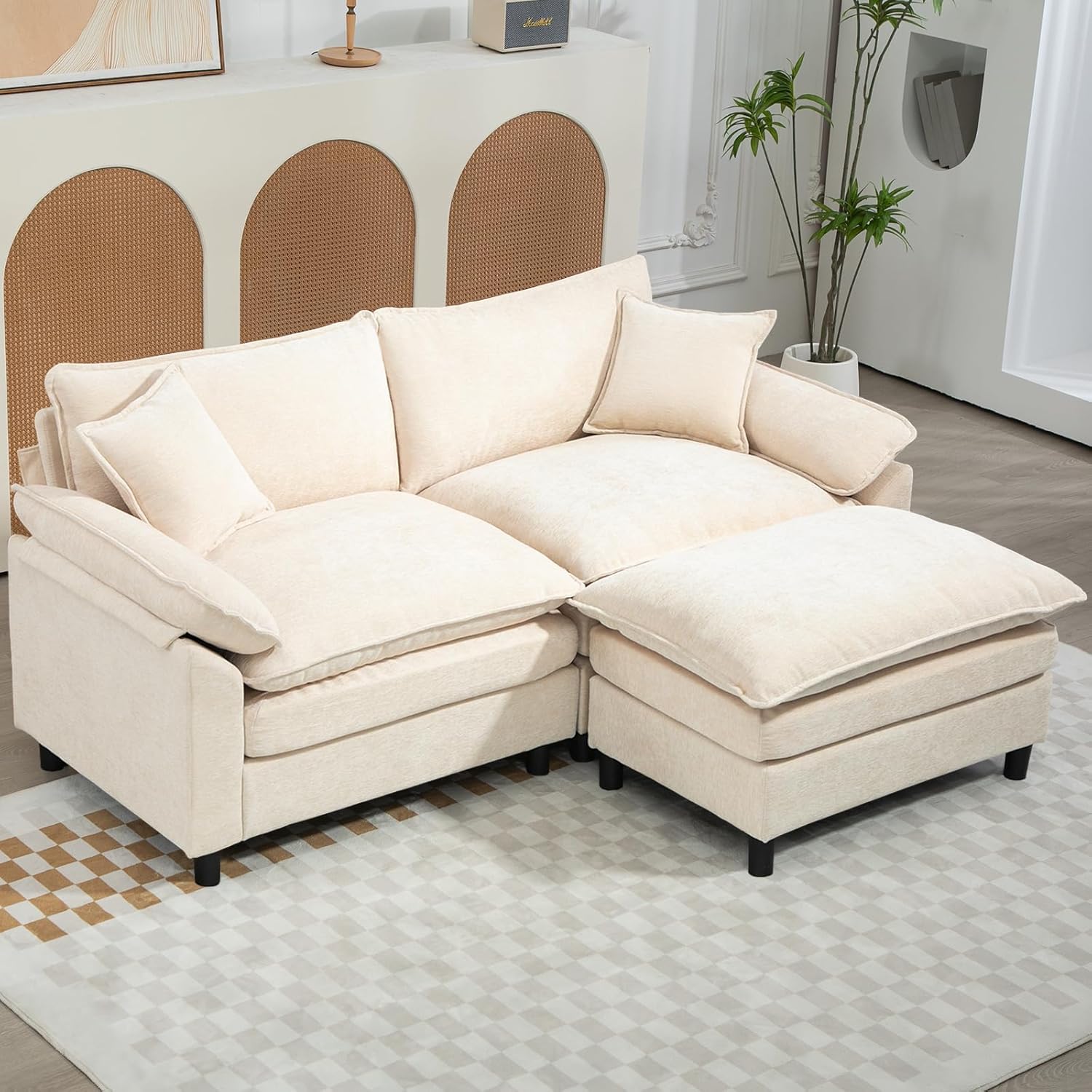 Oversized Modular Sectional Sofa, 80 Inch L Shaped Cloud Couch Set, 2-Seat Comfy Convertible Sofa with 1 Movable Ottoman, DIY Combination Sleeper Couch for Living Room(Chenille, Beige)