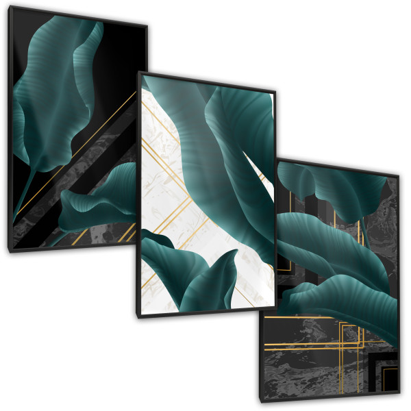 Zestaw 3x Plakat w Ramie LIŚCIE W Stylu Glamour 30x40cm