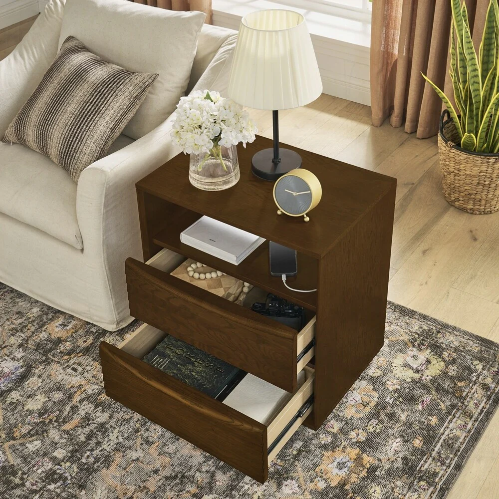 Nightstand with Charging Station and 2 Solid Wood Drawers