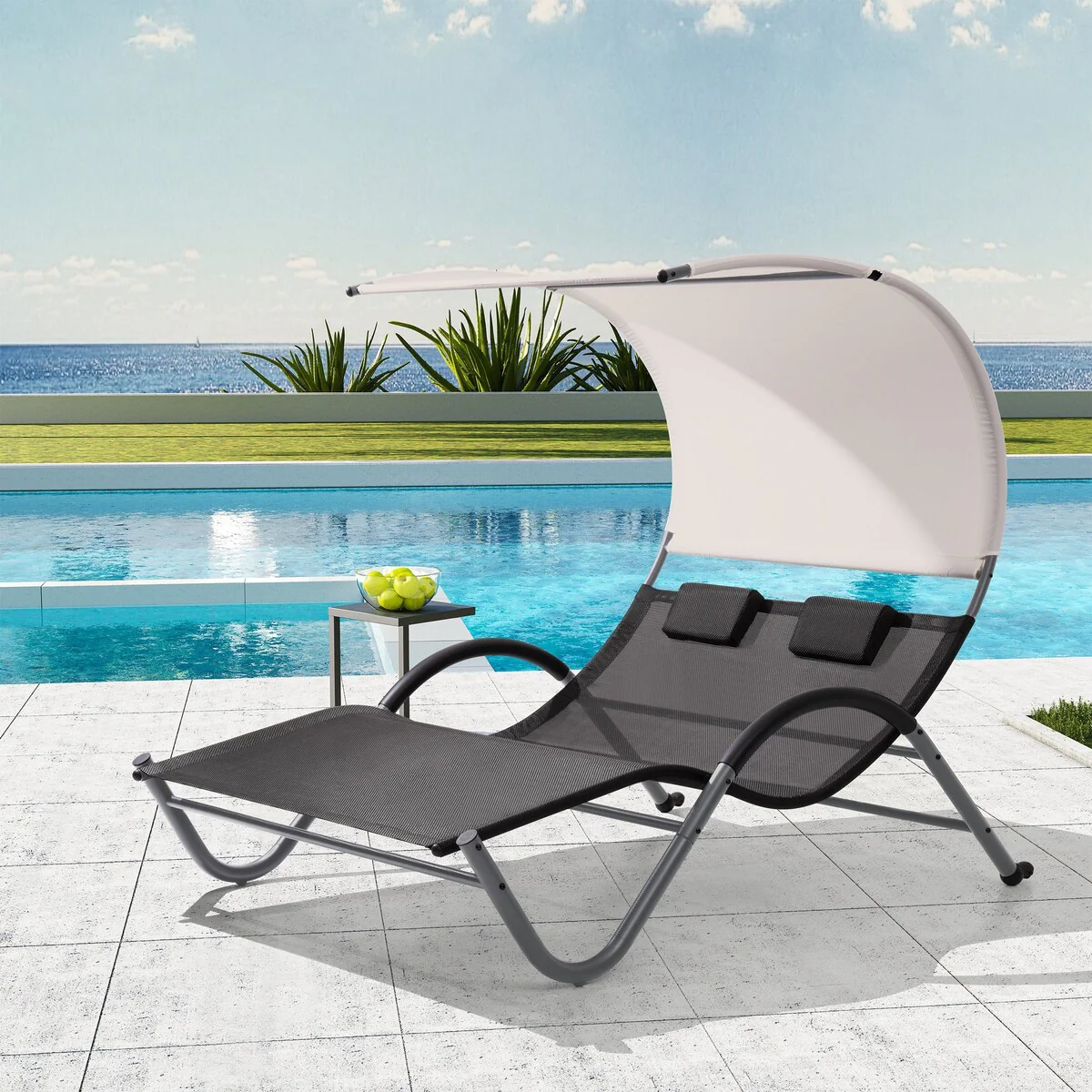 VredHom Outdoor Double Chaise Lounge with Wheels & Headrest - 54.93 W x 72.84 L x 64.57 H inch