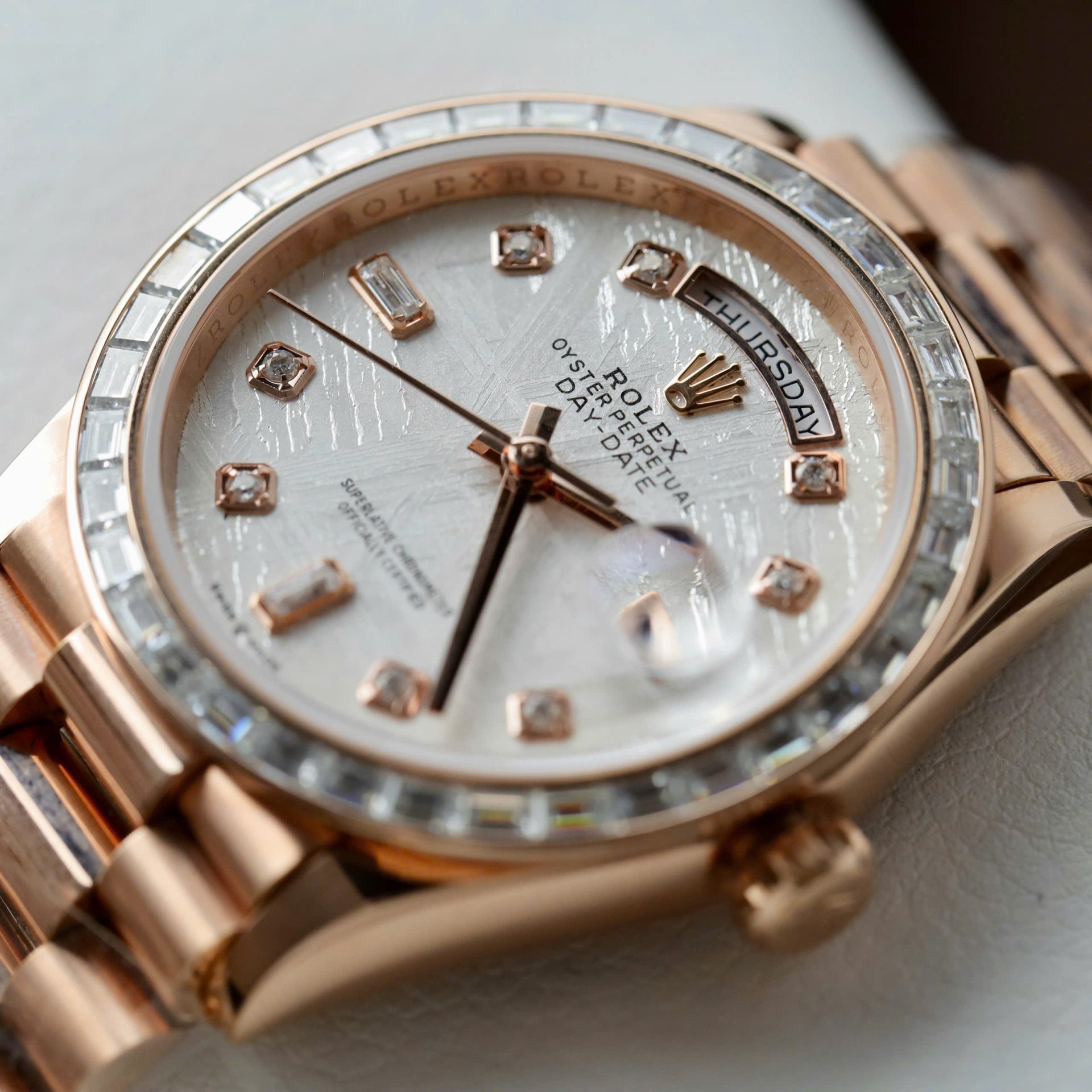 Rolex Day-Date RG Plated Meteorite Dial Baguette Diamond 36mm Super Clone