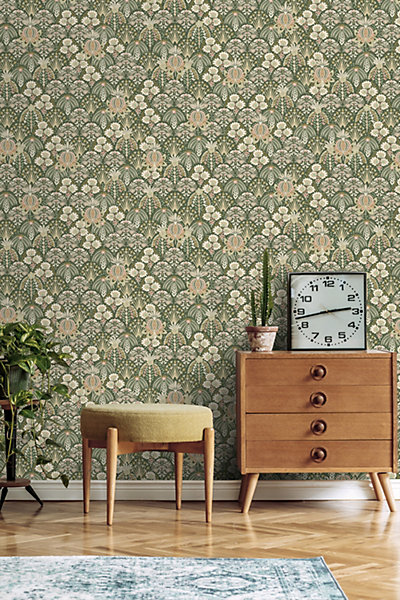 ESTAhome papier peint fleurs vintage de style art nouveau vert foncé 50 x 900 cm