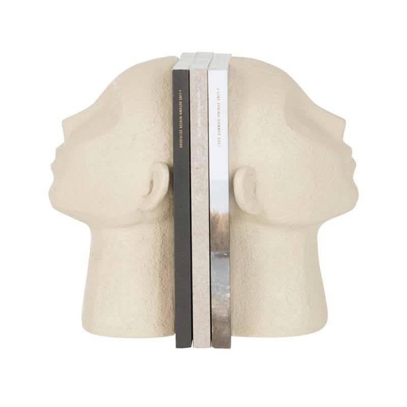 TAKU - 2 serre-livres tête en résine beige 16x11x22.5 cm