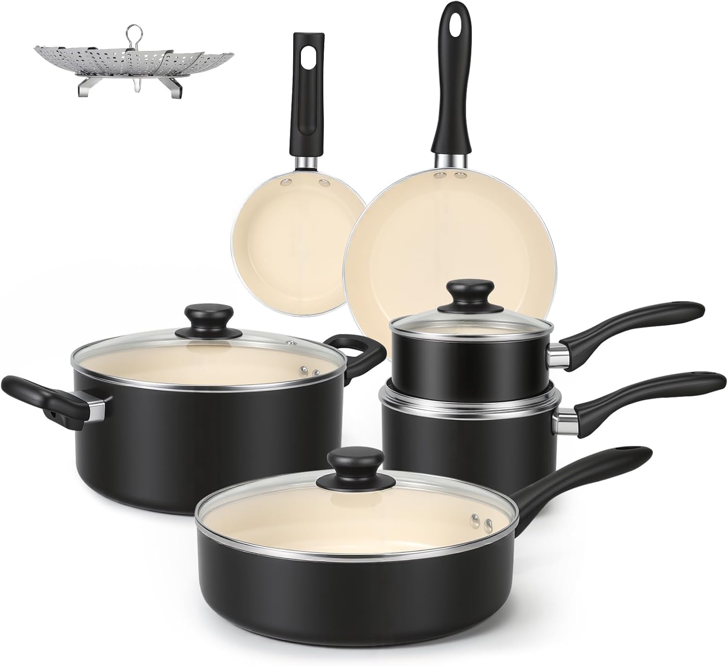 Amazon Basics 11-Piece Ceramic Non-Stick Pots and Pans Set, Dishwasher & Oven Safe, Easy Clean, Glass Lids, Black/Cream