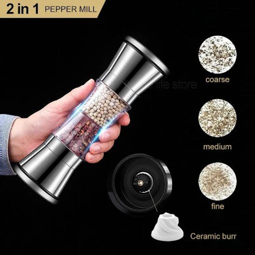 NNEOBA 2-in-1 Stainless Steel Pepper Grinder Double-Head Manual Spice Mill Silver