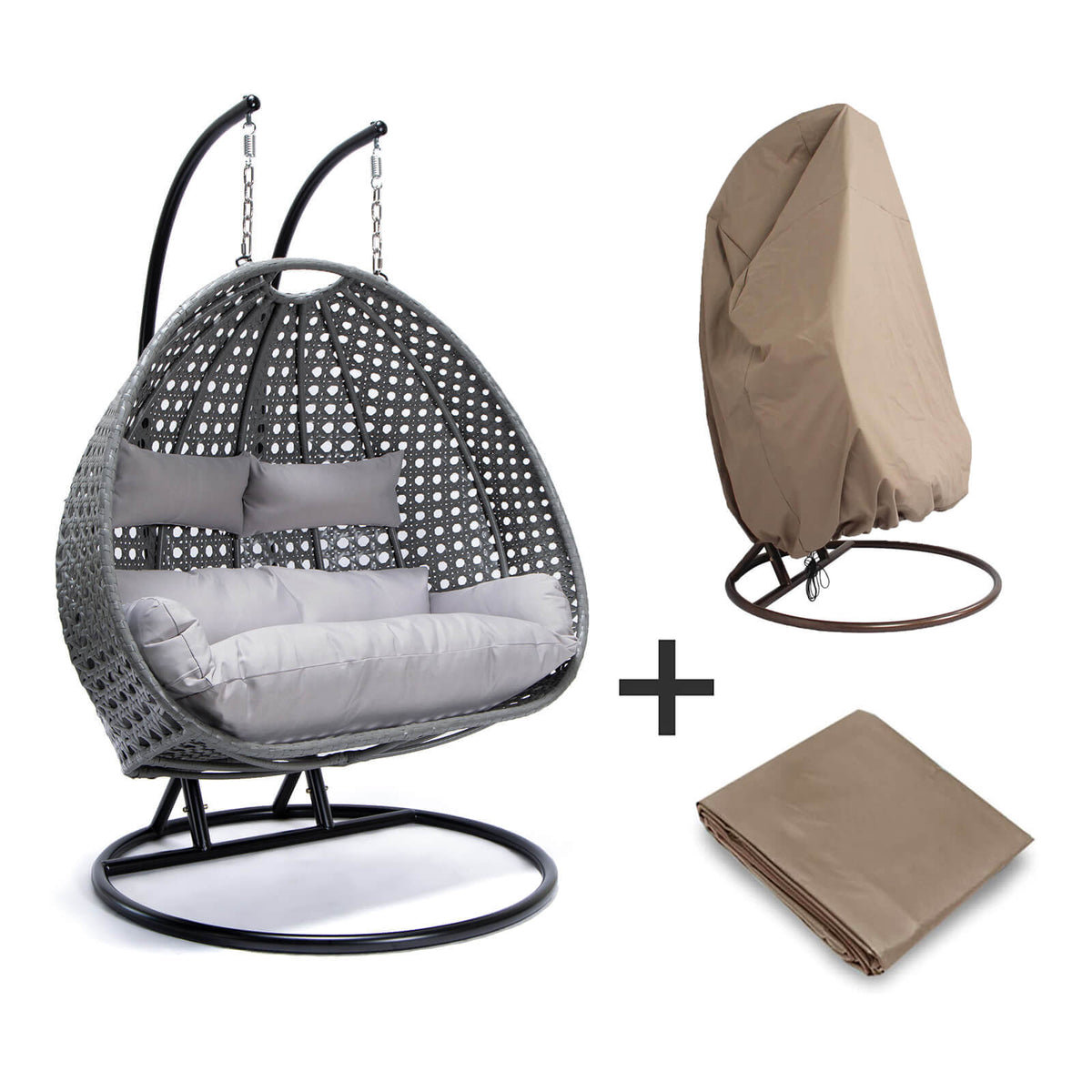 Home Deluxe - Polyrattan hangstoel met regenhoes TWIN | Kleur: Grijs, Eigenschappen: Met regenhoes