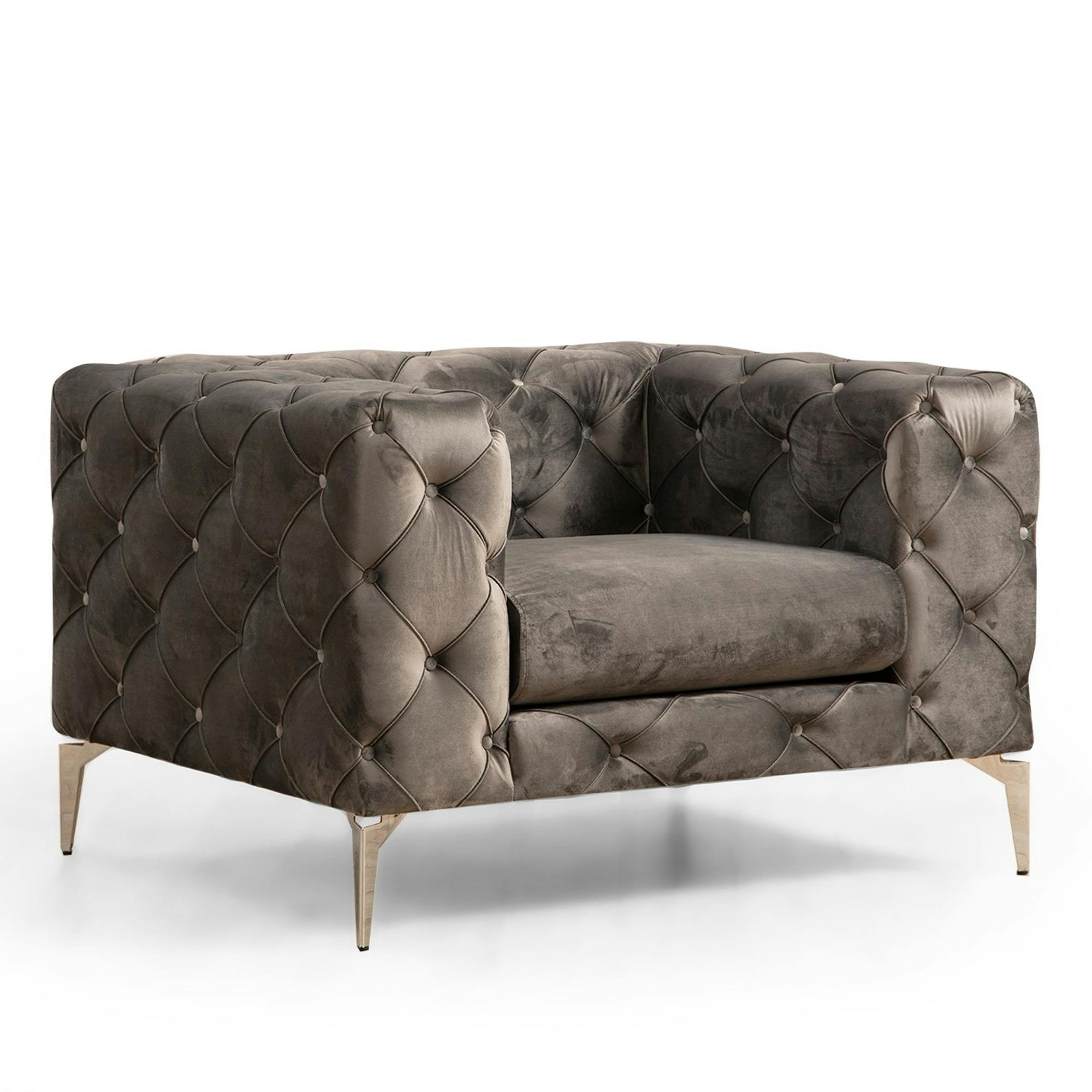 Fauteuil gris en velours capitonné DOVER