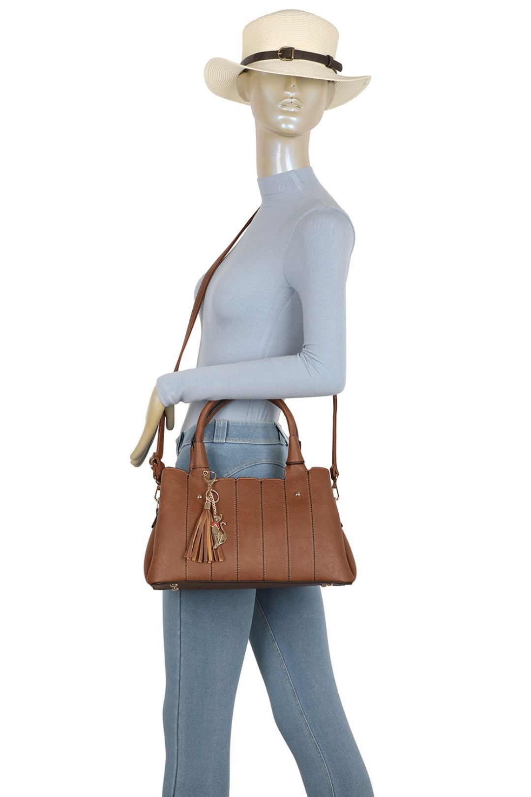 Fontanella Fashion Katze Striped PU Leather Tote Shoulder Handbag with Kitten Charm